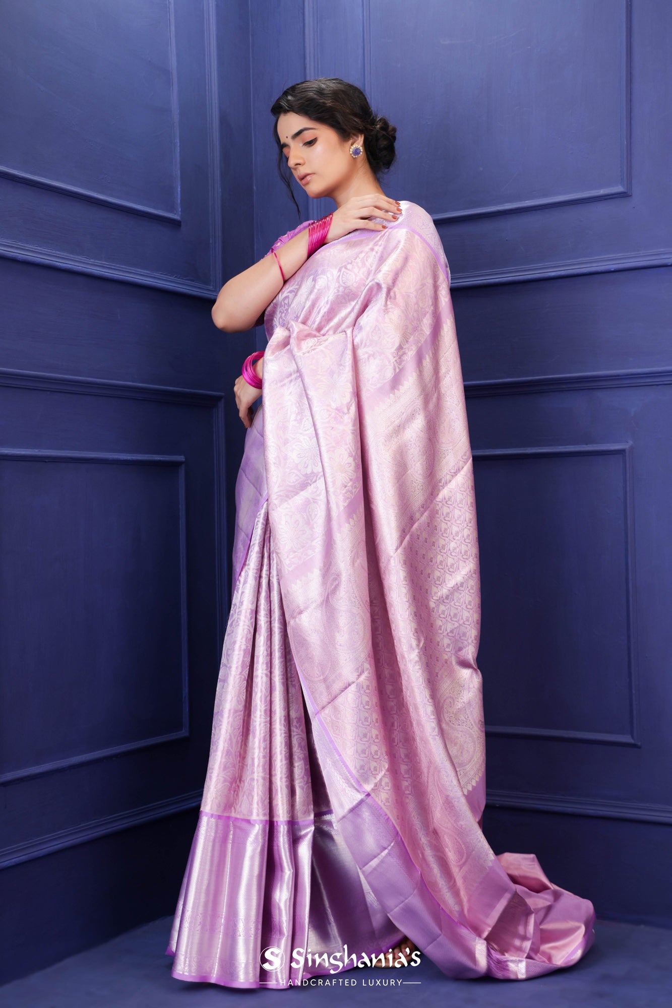 Sunset Purple Kanjivaram Silk Saree With Floral Jaal Weaving