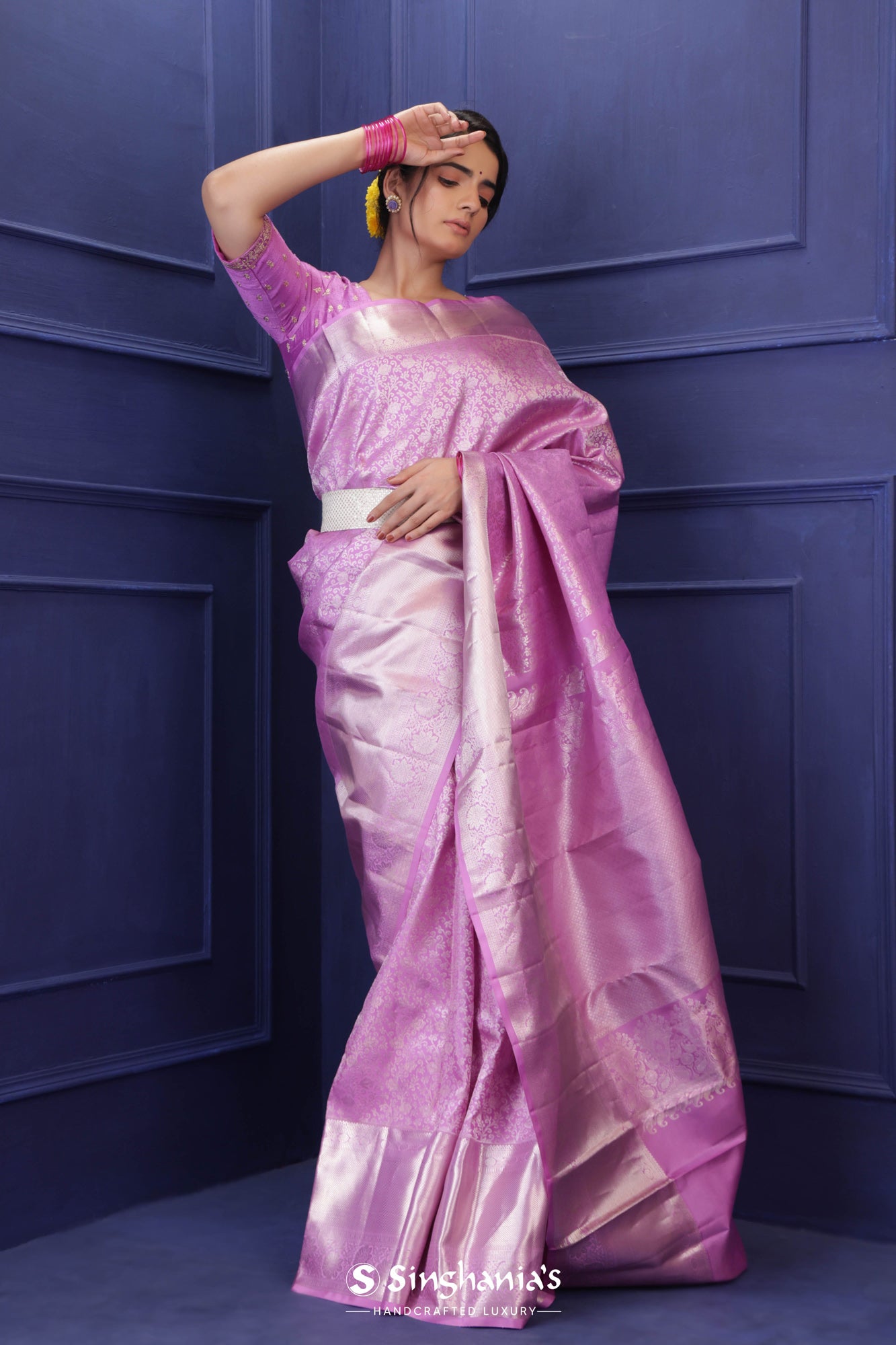 French Mauve Kanjivaram Silk Saree With Floral Jaal Weaving