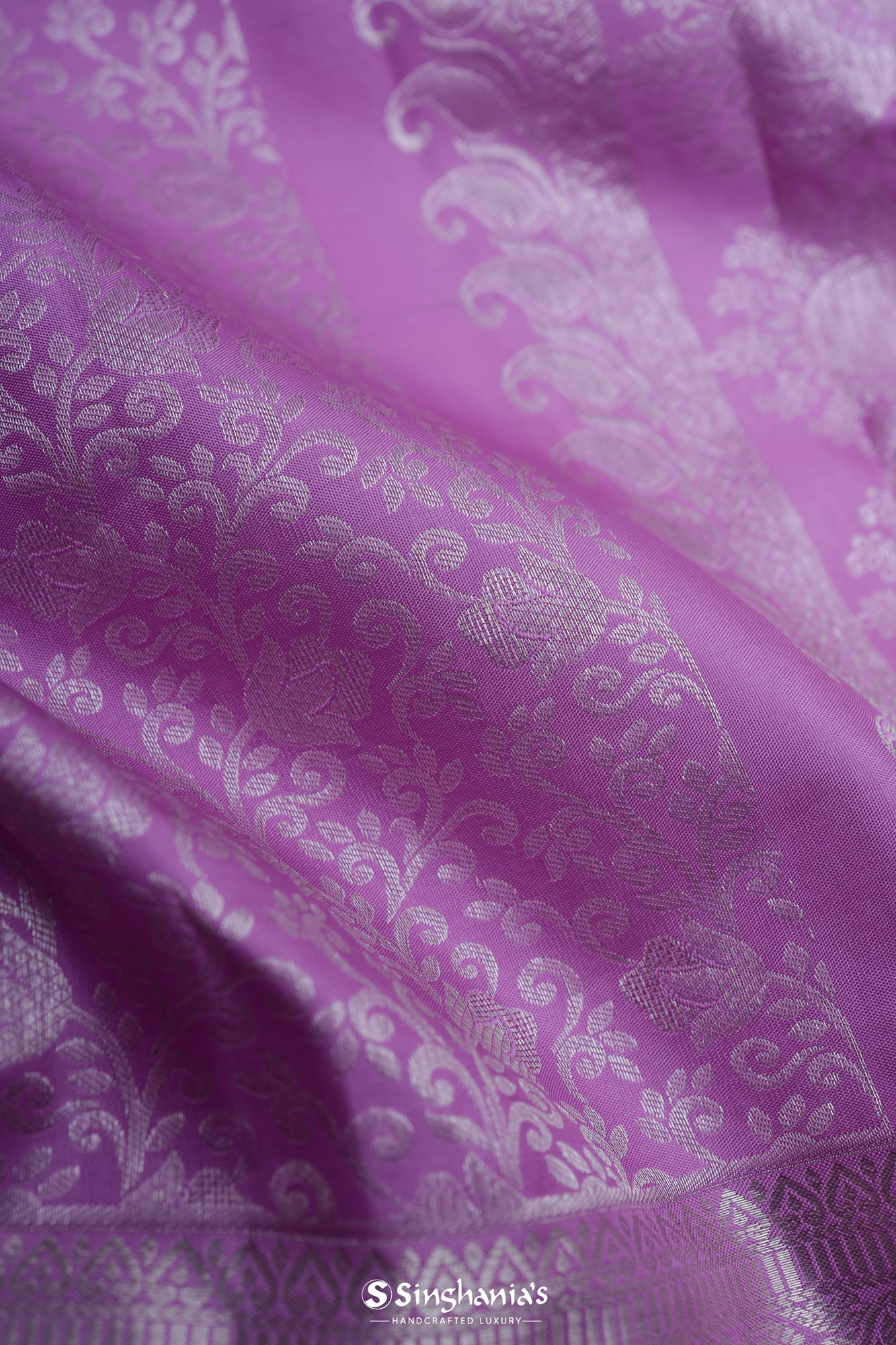 French Mauve Kanjivaram Silk Saree With Floral Jaal Weaving