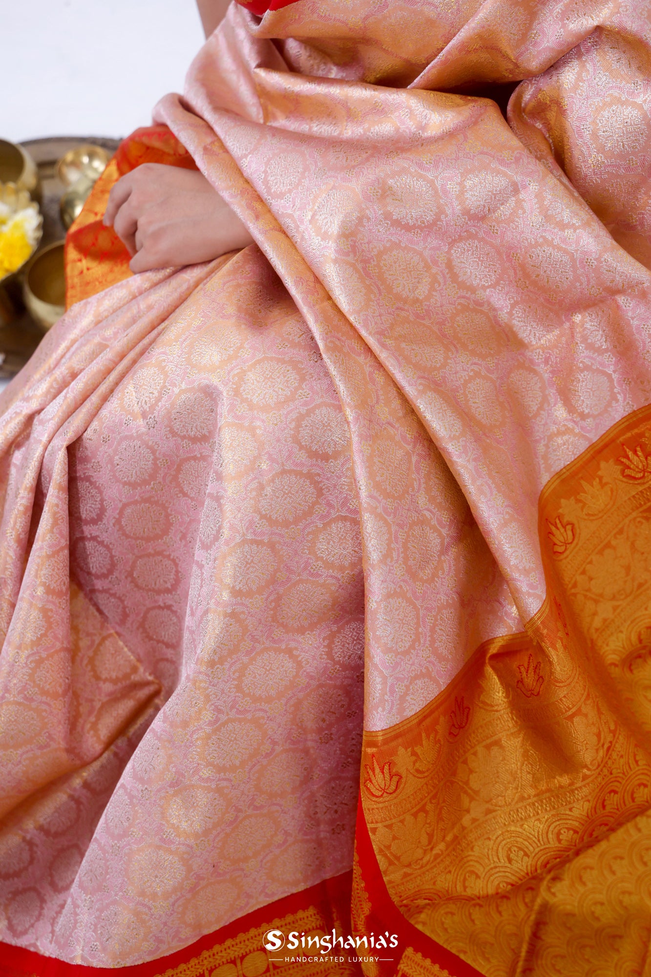 Salmon Coral Kanjivaram Silk Saree With Floral Ogival Weaving