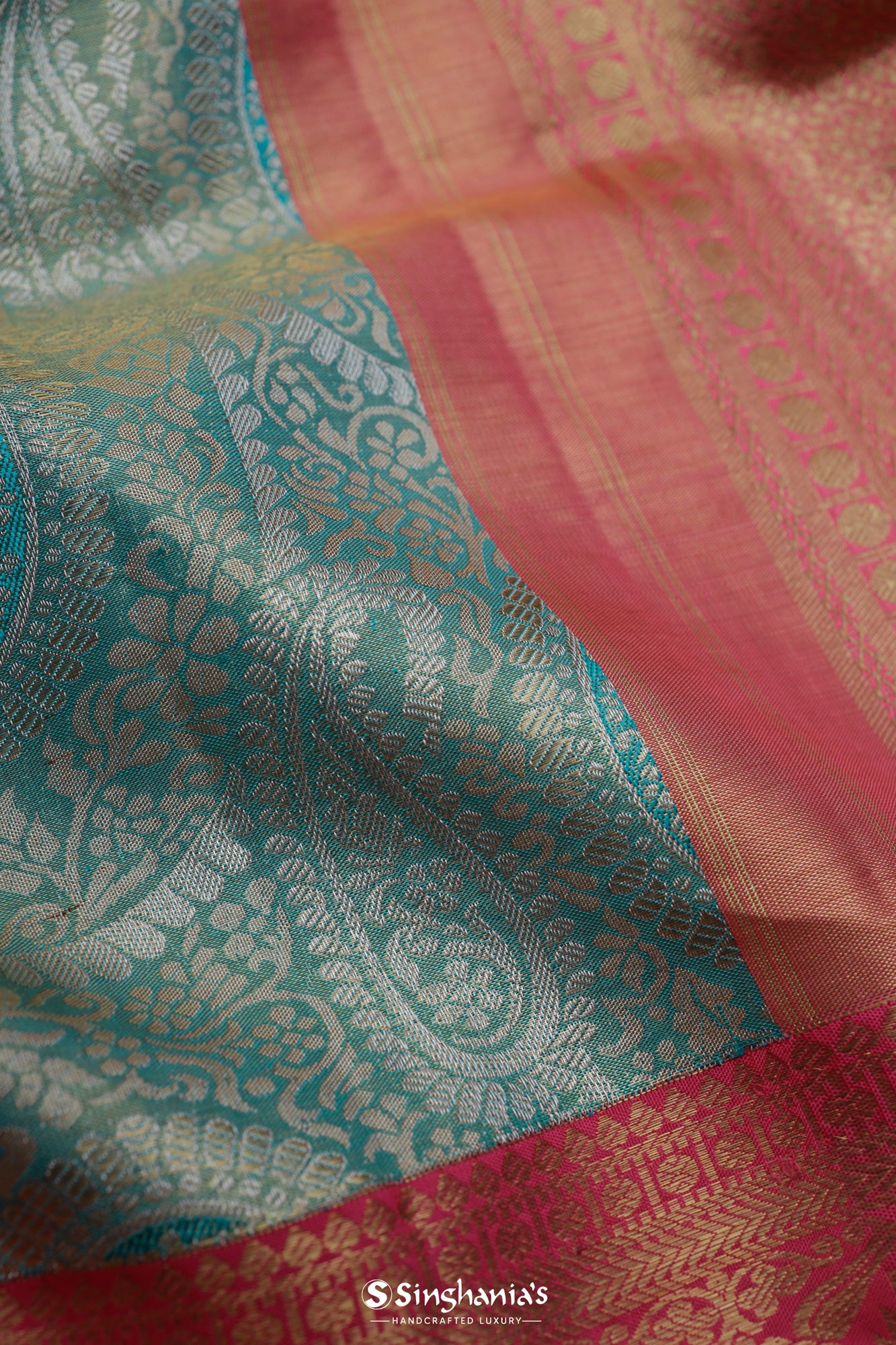 Light Turquoise Kanjivaram Silk Saree With Floral Paisley Weaving