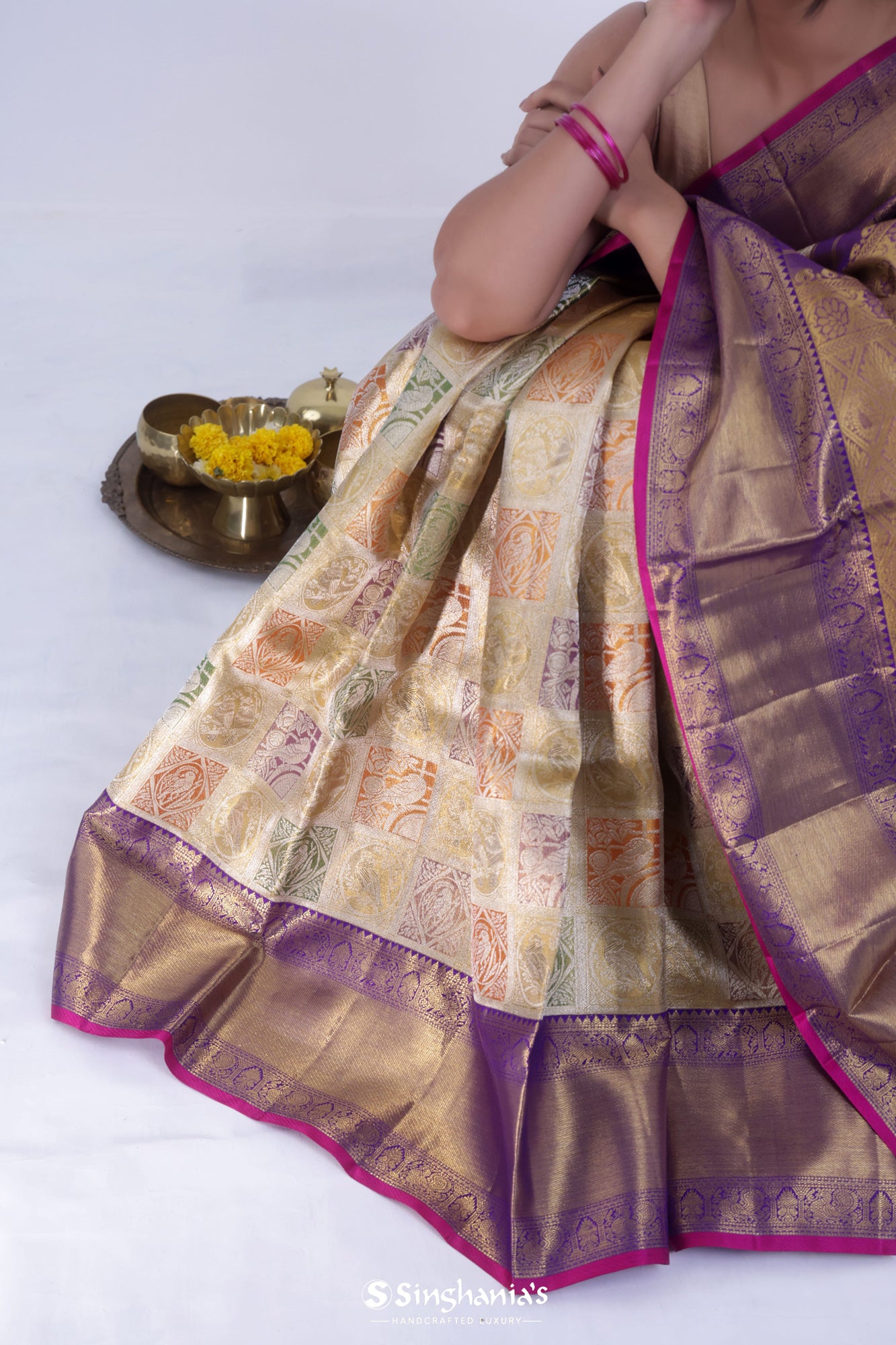 Buff Orange Kanjivaram Silk Saree With Floral Weaving
