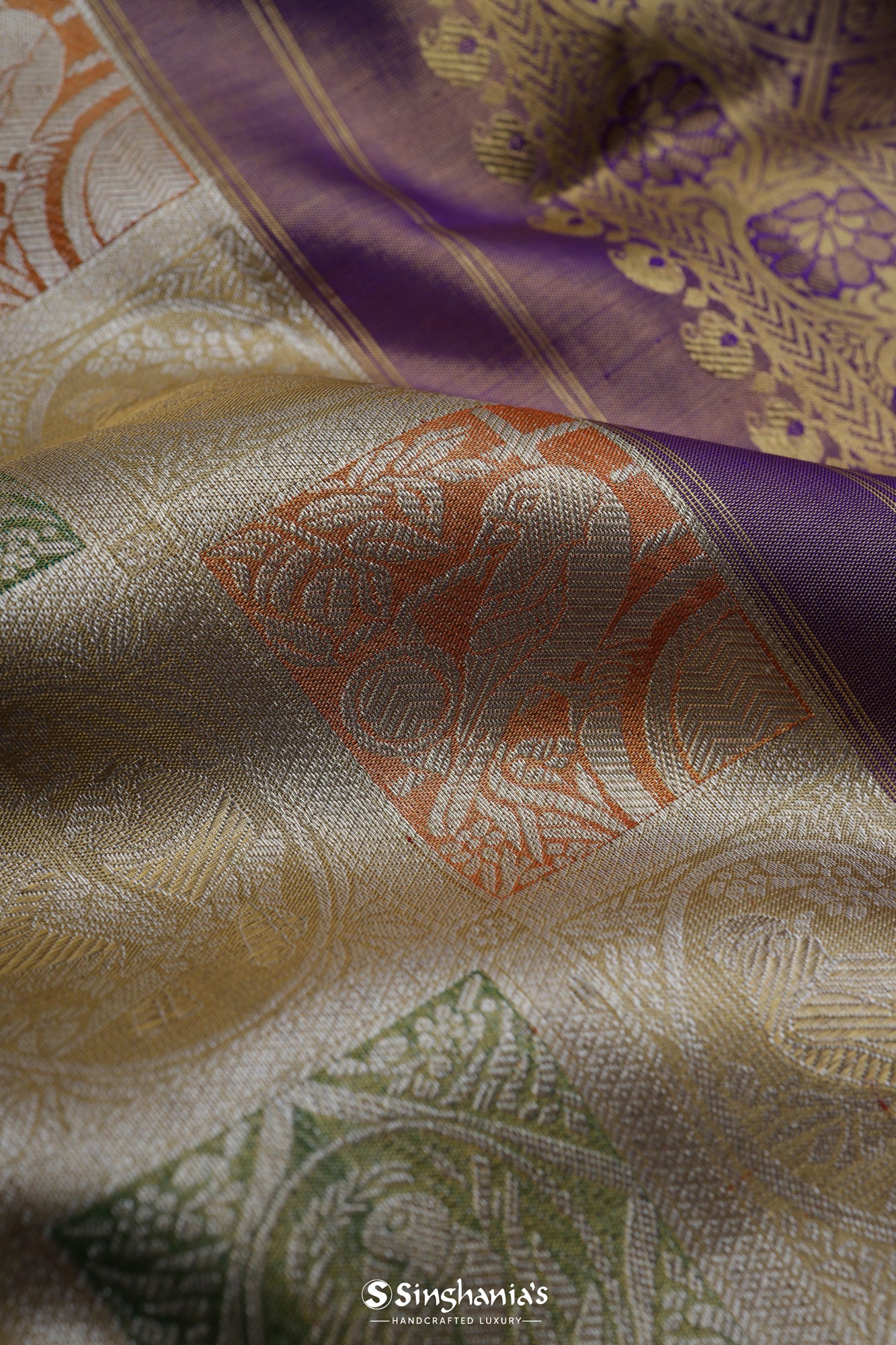 Buff Orange Kanjivaram Silk Saree With Floral Weaving