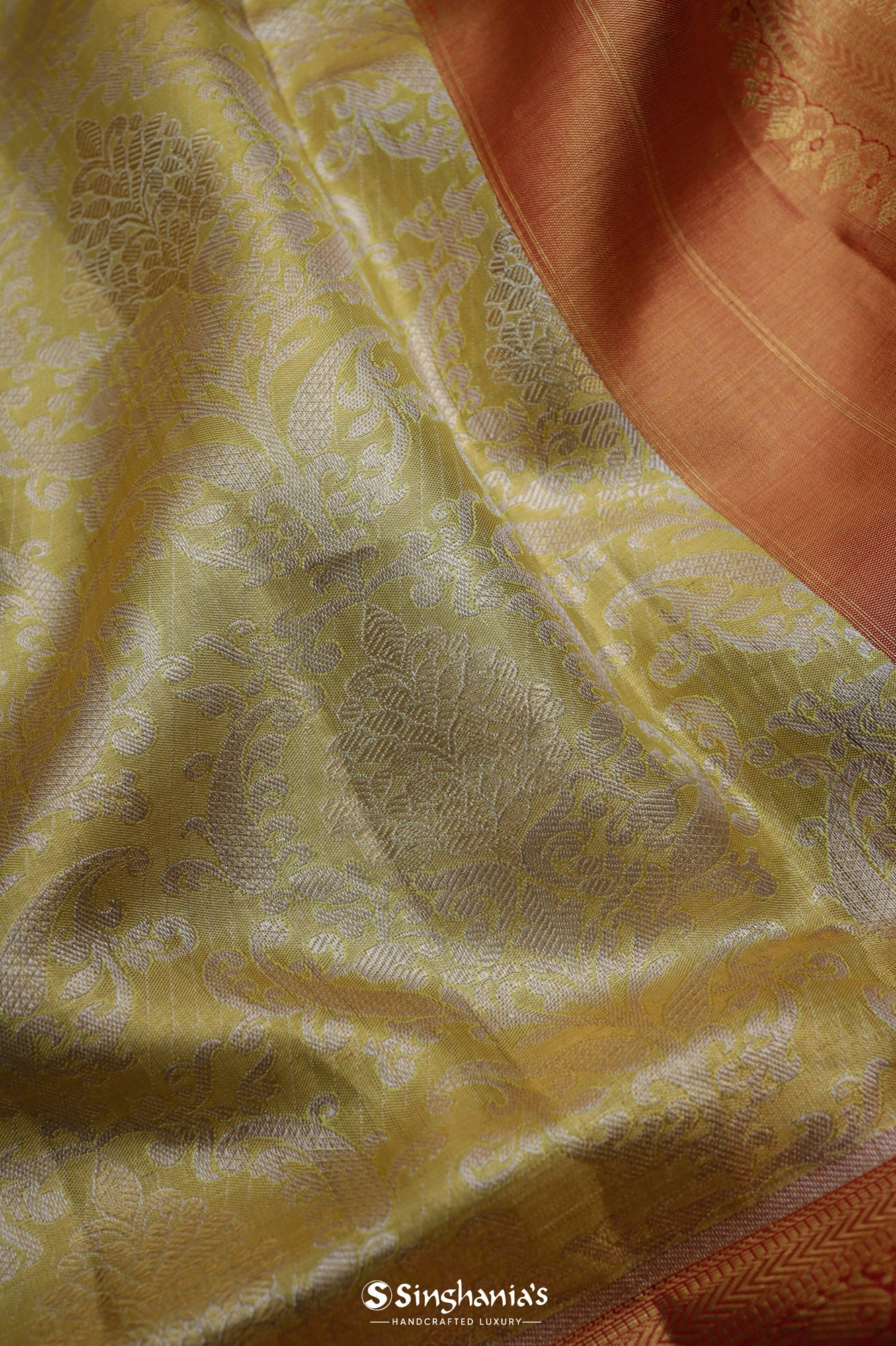 Laguna Yellow Kanjivaram Silk Saree With Floral Jaal Weaving