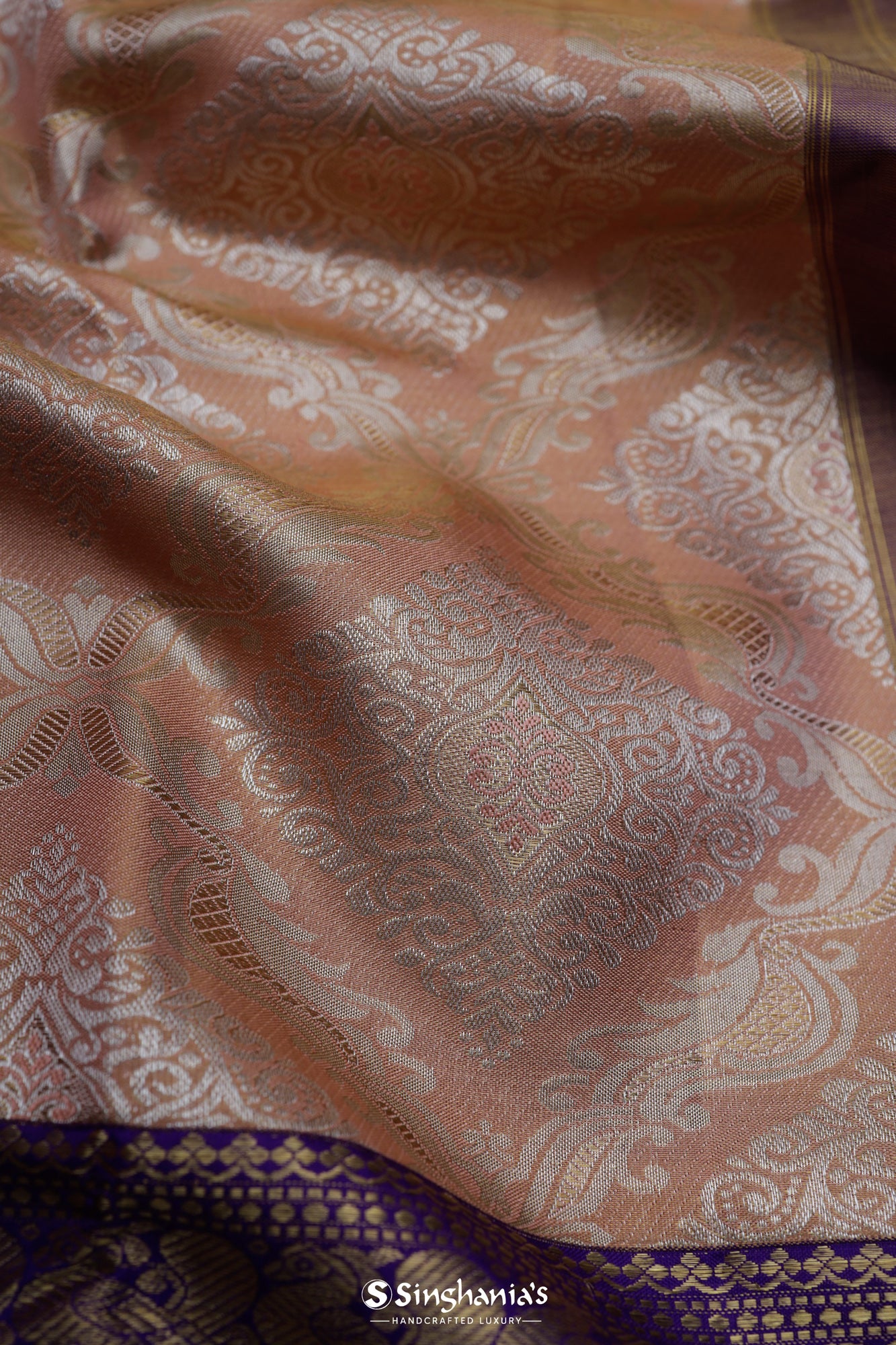 Salmon Peach Kanjivaram Silk Saree With Floral Buttas Weaving