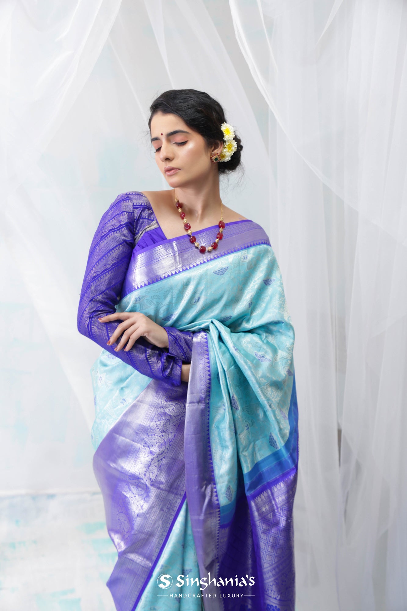 Celseste Blue Kanjivaram Silk Saree With Floral And Bird Weaving