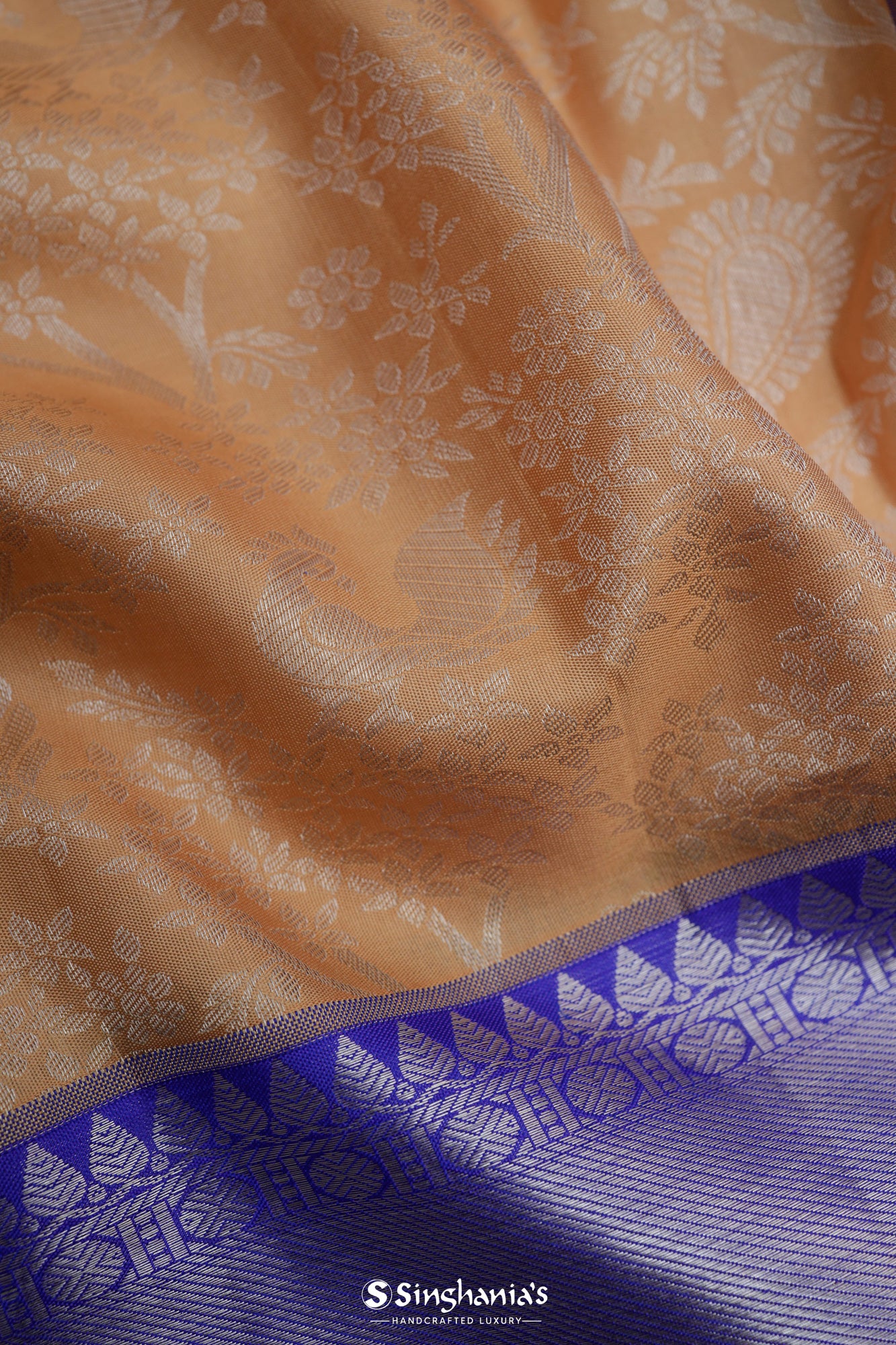 Butterscotch Orange Kanjivaram Silk Saree With Floral And Peacock Weaving