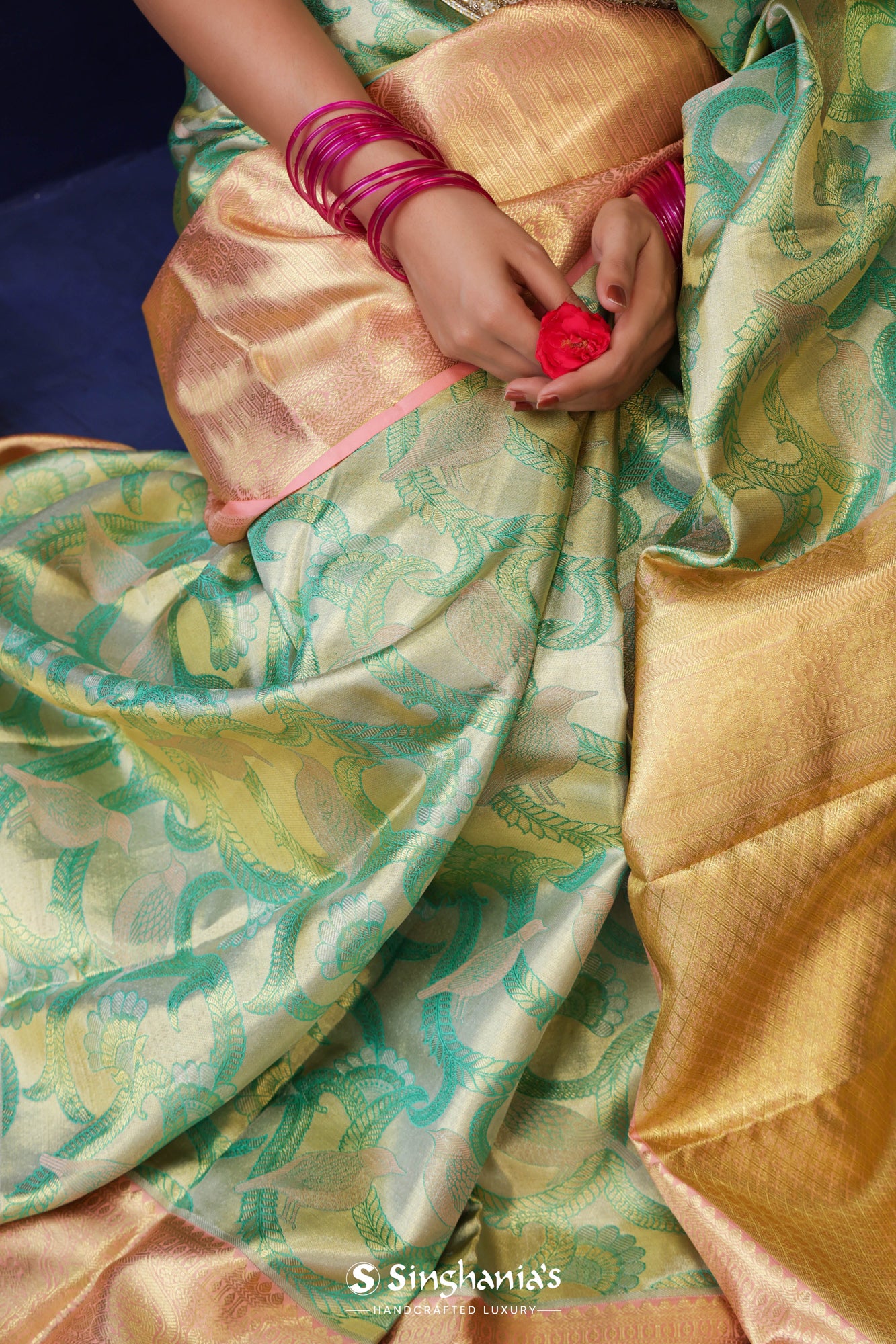 Celadon Green Kanjivaram Silk Saree With Floral And Bird Weaving