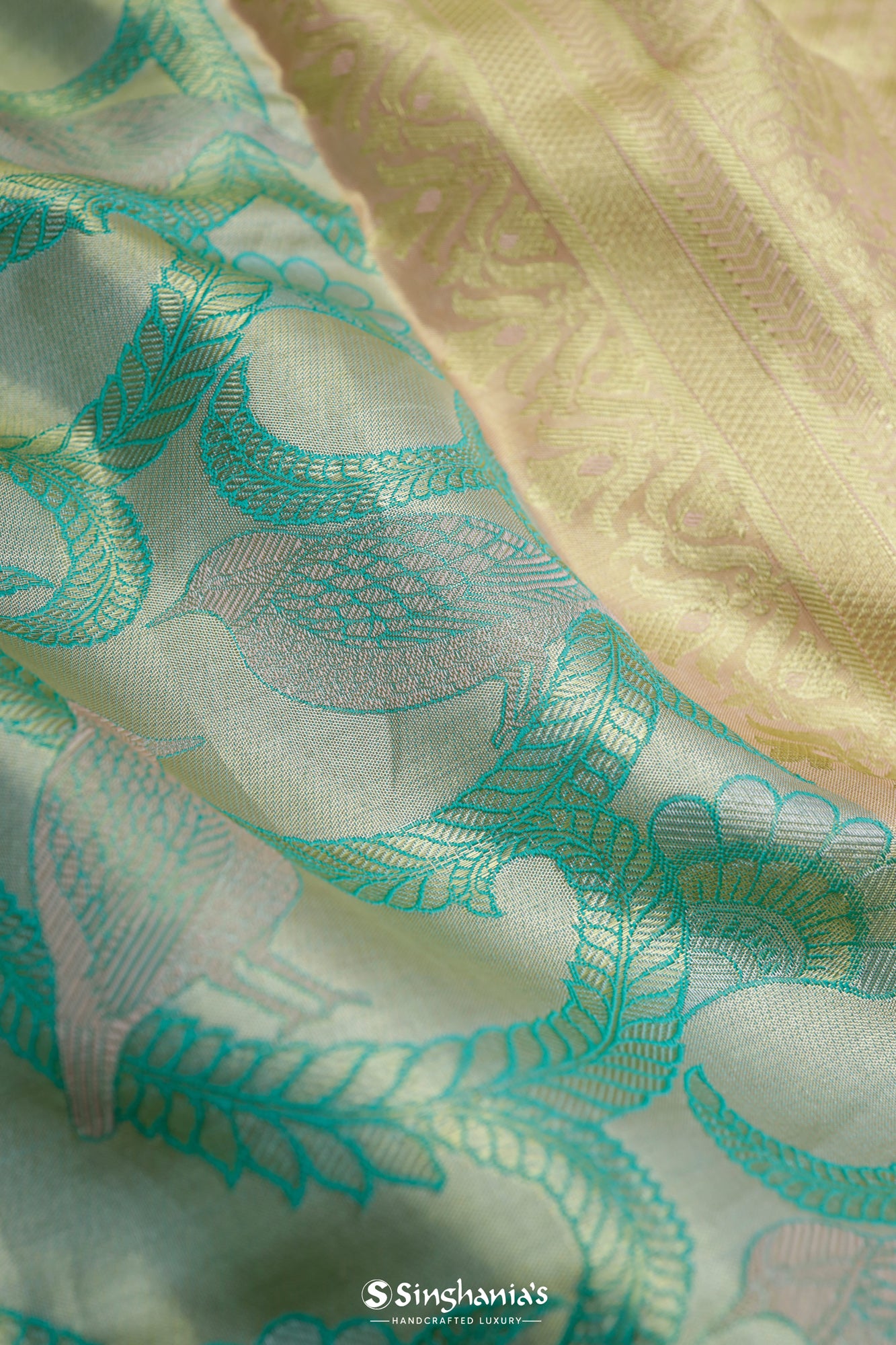 Celadon Green Kanjivaram Silk Saree With Floral And Bird Weaving