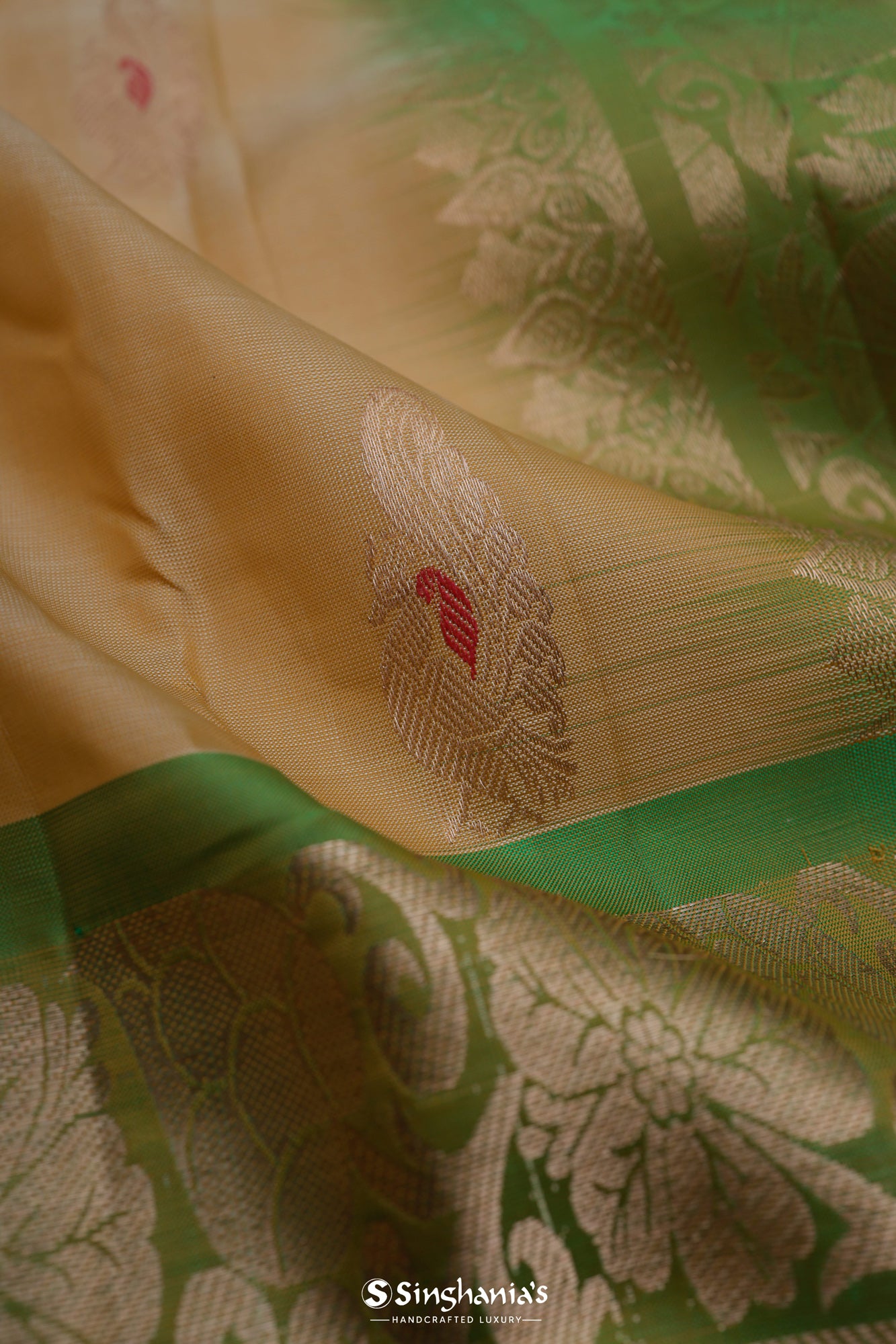 Earth Yellow Kanjivaram Silk Saree With Peacock Weaving