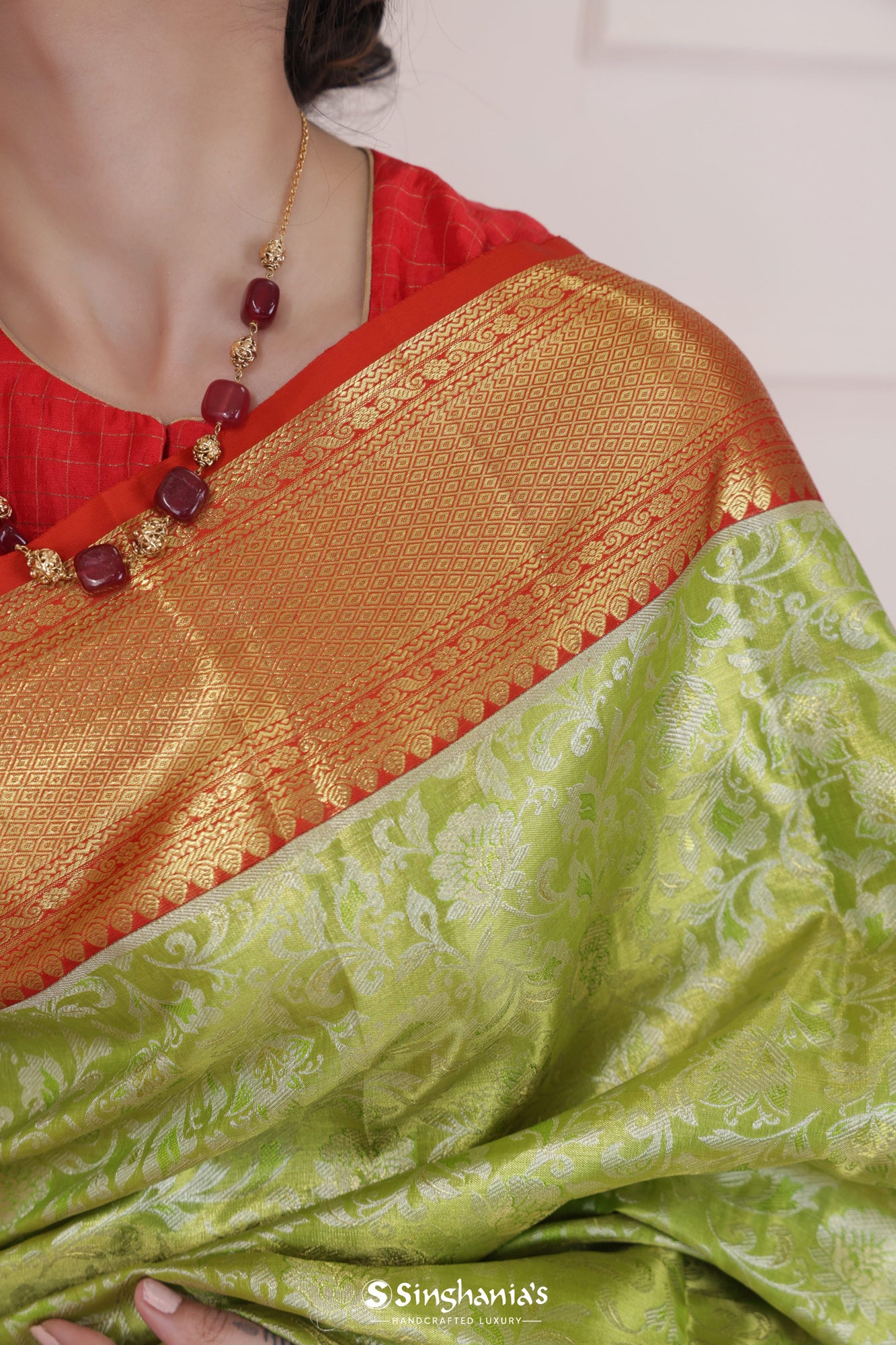 Yellow Green Kanjivaram Silk Saree With Floral Jaal Weaving
