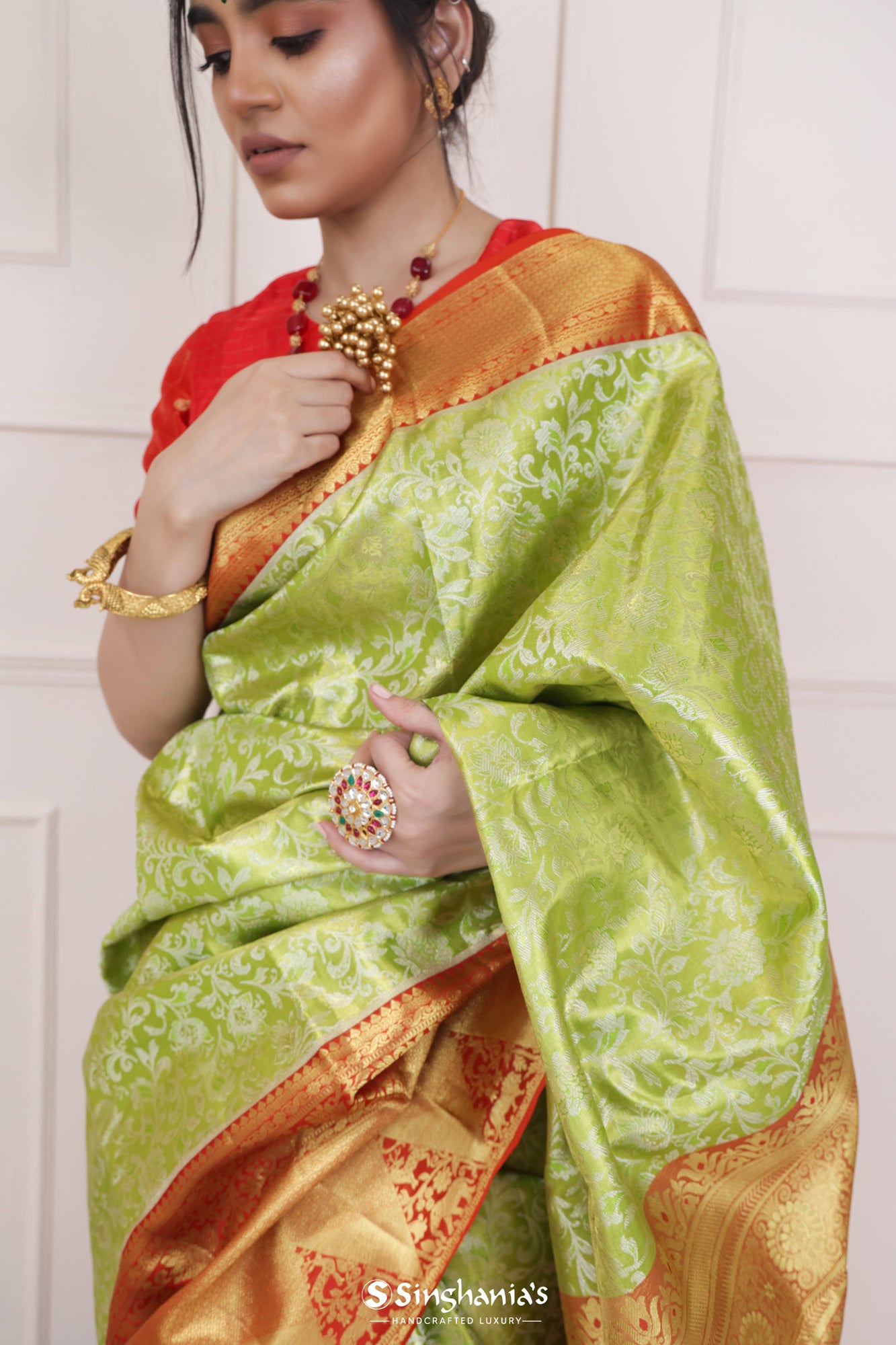 Yellow Green Kanjivaram Silk Saree With Floral Jaal Weaving