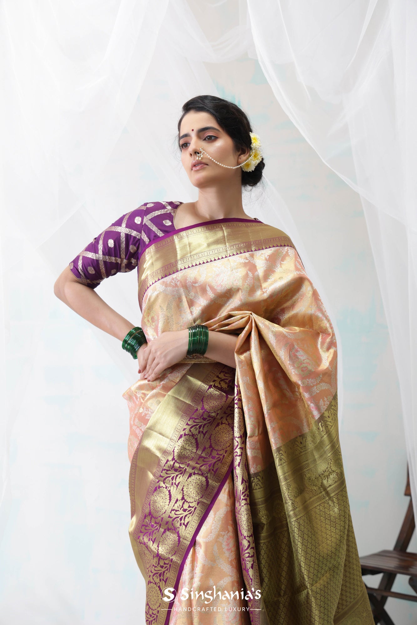 New York Pink Kanjivaram Silk Saree With Floral Jaal Weaving