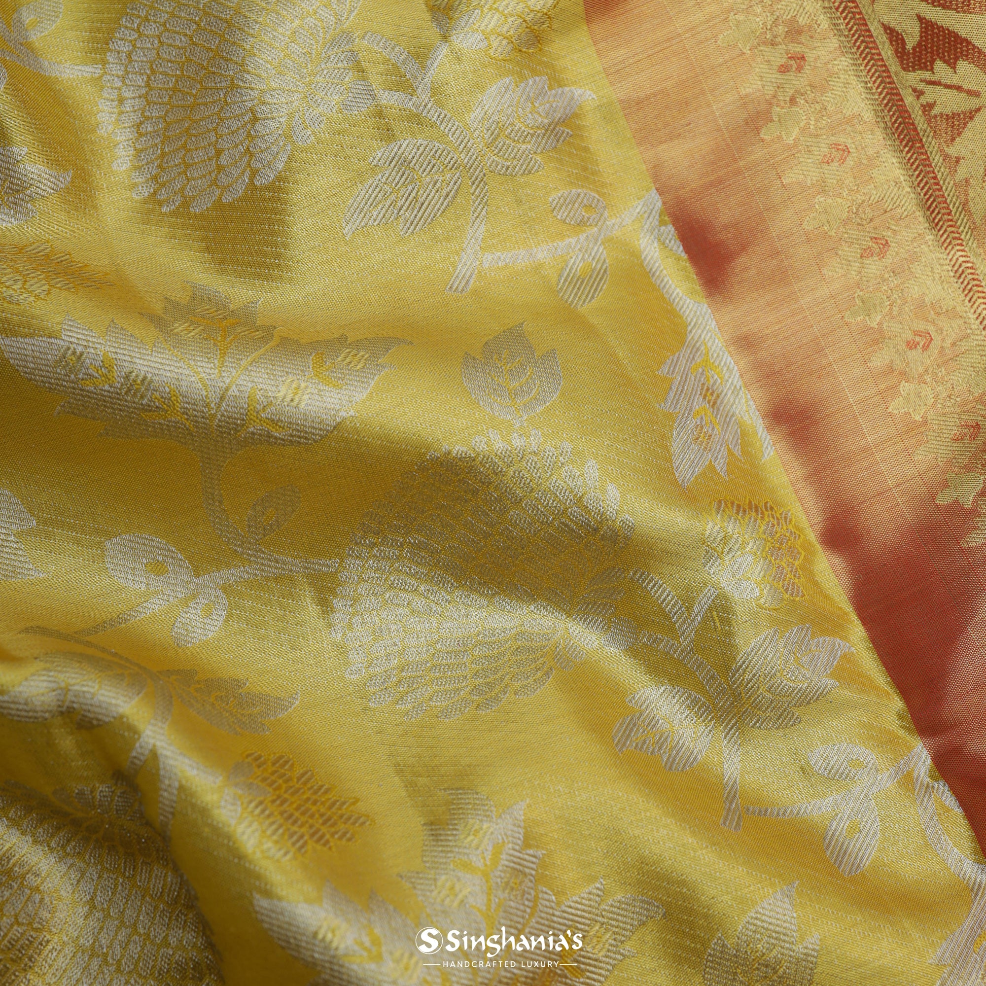 Spanish Yellow Kanjivaram Silk Saree With Floral Jaal Weaving