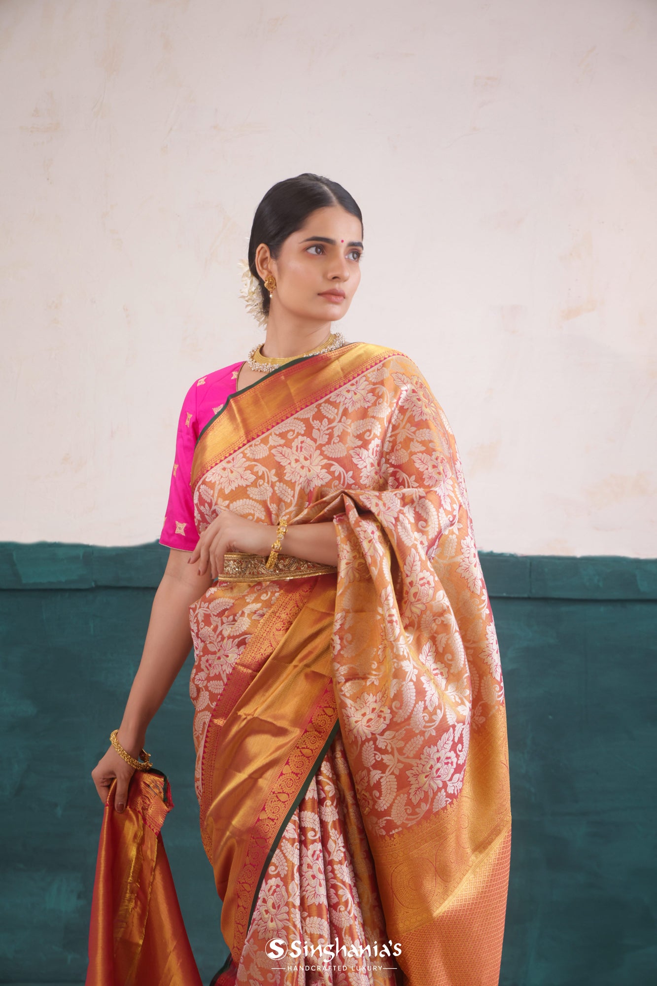 Teracotta Orange Kanjivaram Silk Saree With Floral Jaal Weaving