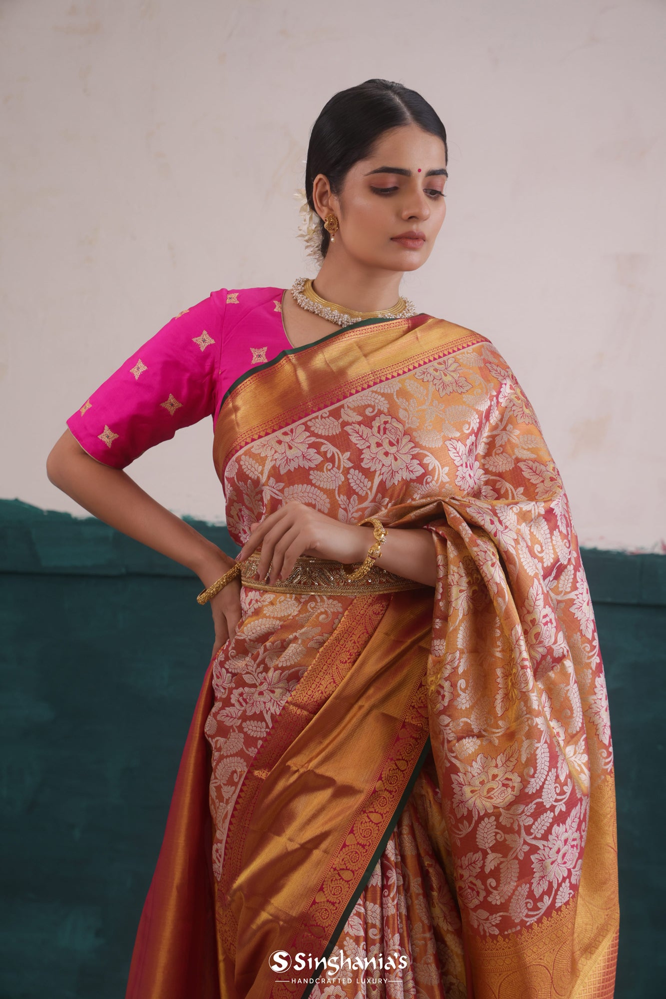 Teracotta Orange Kanjivaram Silk Saree With Floral Jaal Weaving