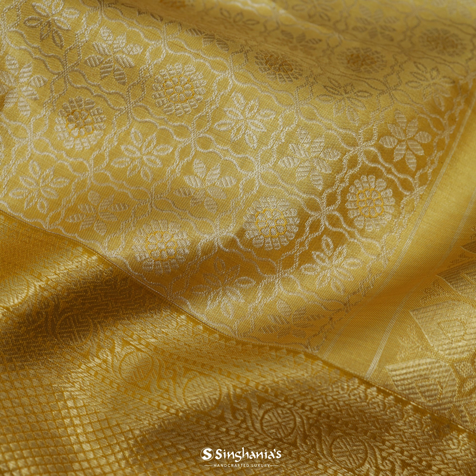 Sunglow Gold Kanjivaram Silk Saree With Floral Jaal Weaving
