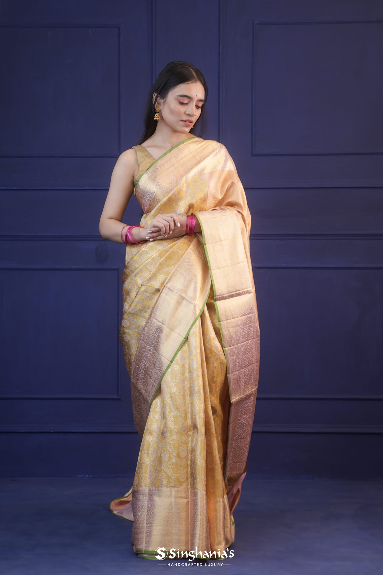 Golden Orange Kanjivaram Silk Saree With Floral Jaal Weaving