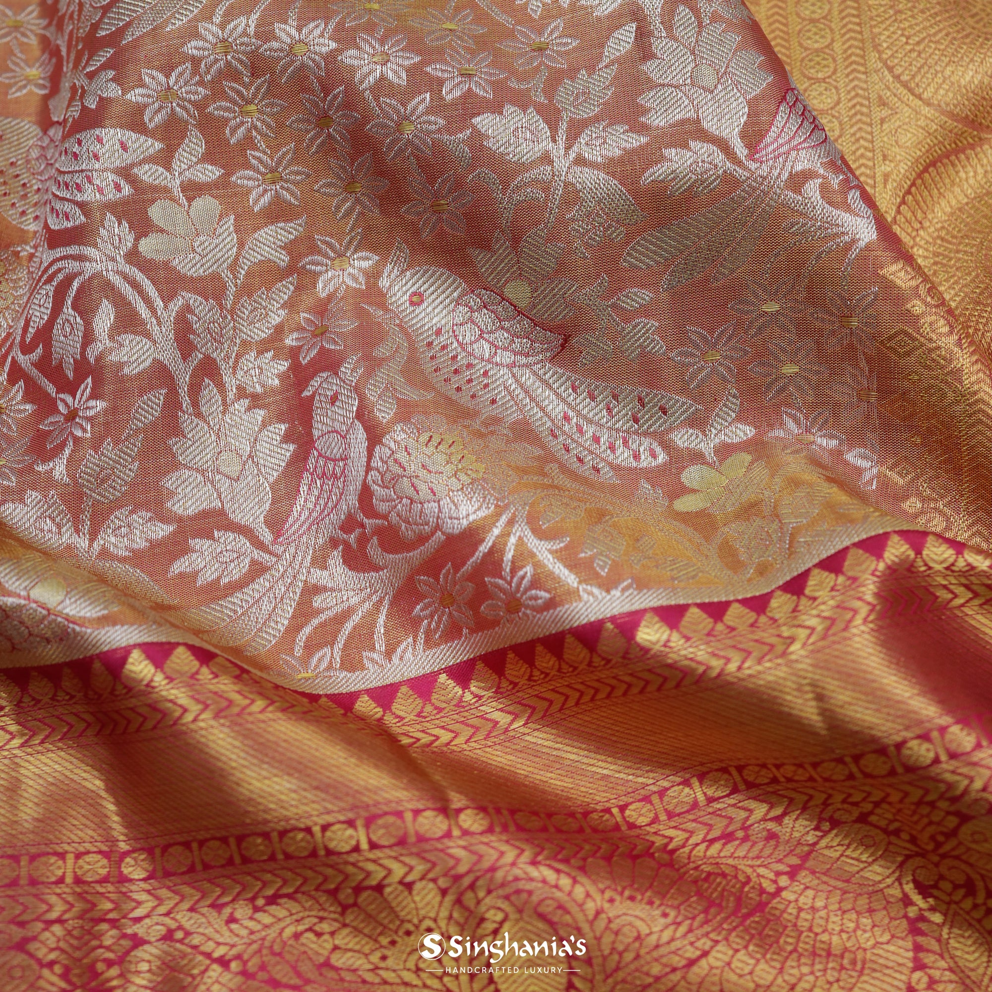 Copper Red Kanjivaram Silk Saree With Floral And Bird Weaving