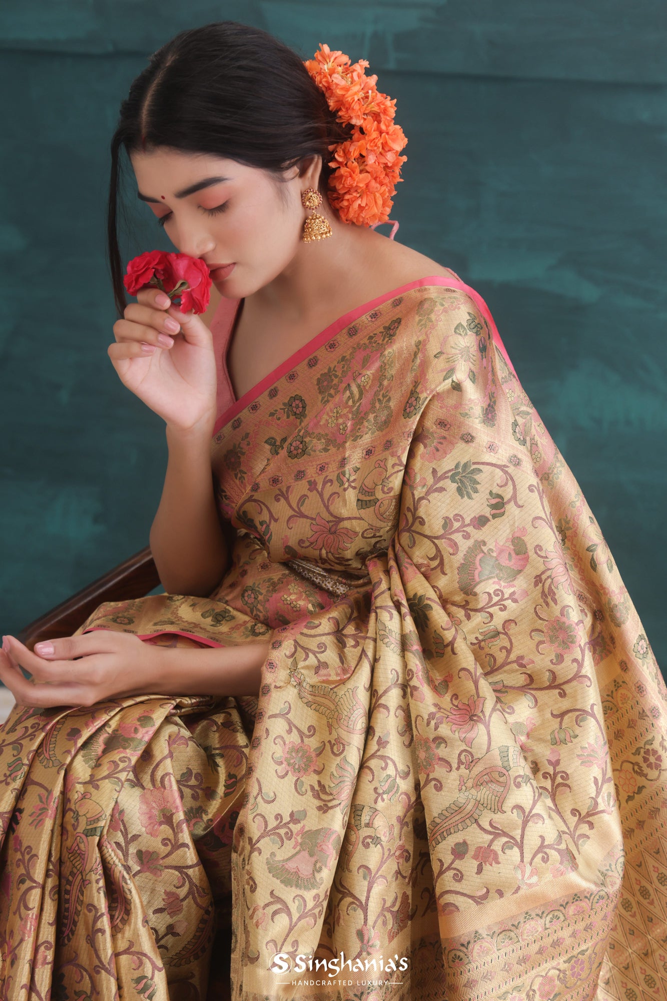 Peach Pink Kanjivaram Silk Saree With Floral And Bird Jaal Weaving