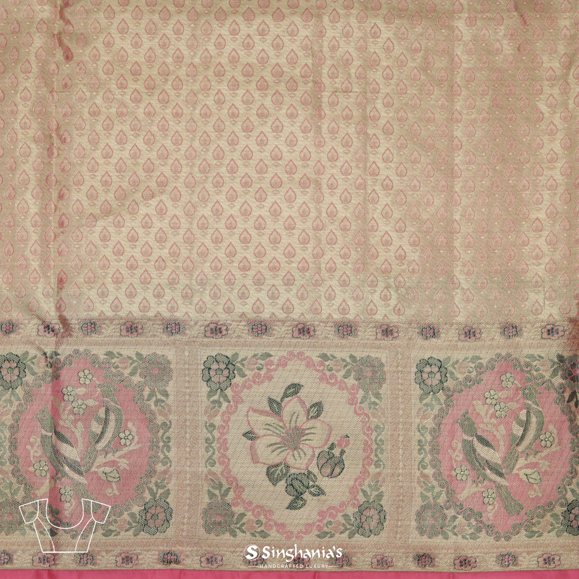 Peach Pink Kanjivaram Silk Saree With Floral And Bird Jaal Weaving