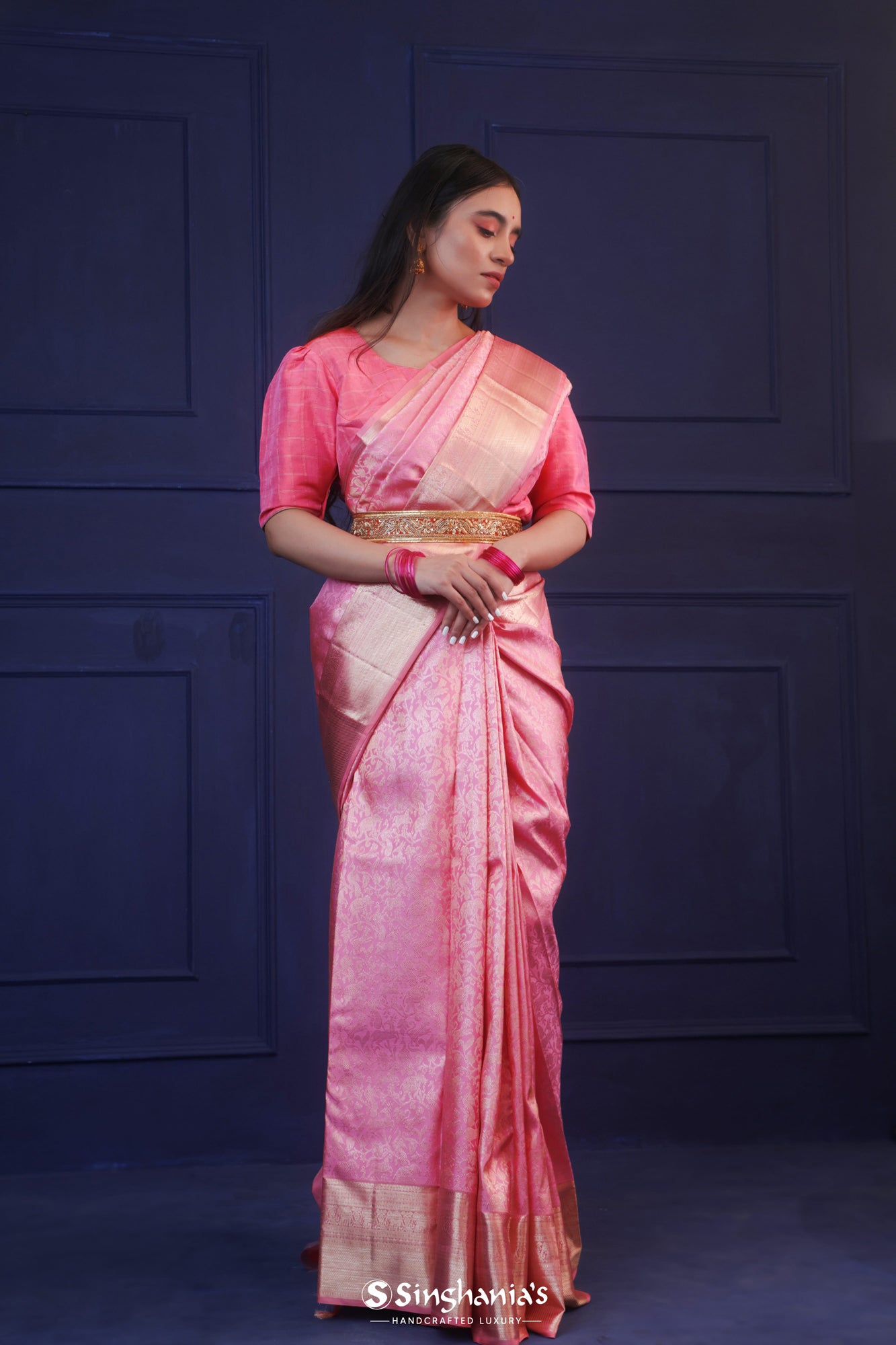 Thulian Pink Kanjivaram Silk Saree With Floral And Animal Weaving