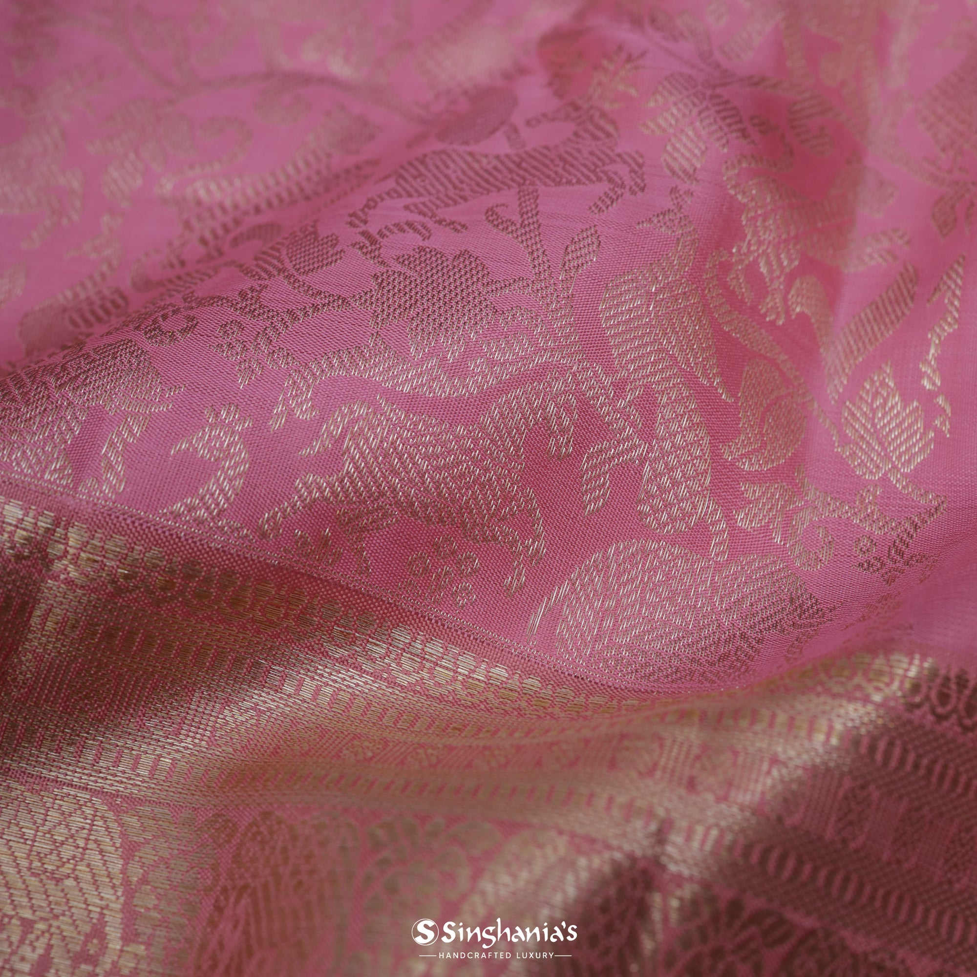 Thulian Pink Kanjivaram Silk Saree With Floral And Animal Weaving