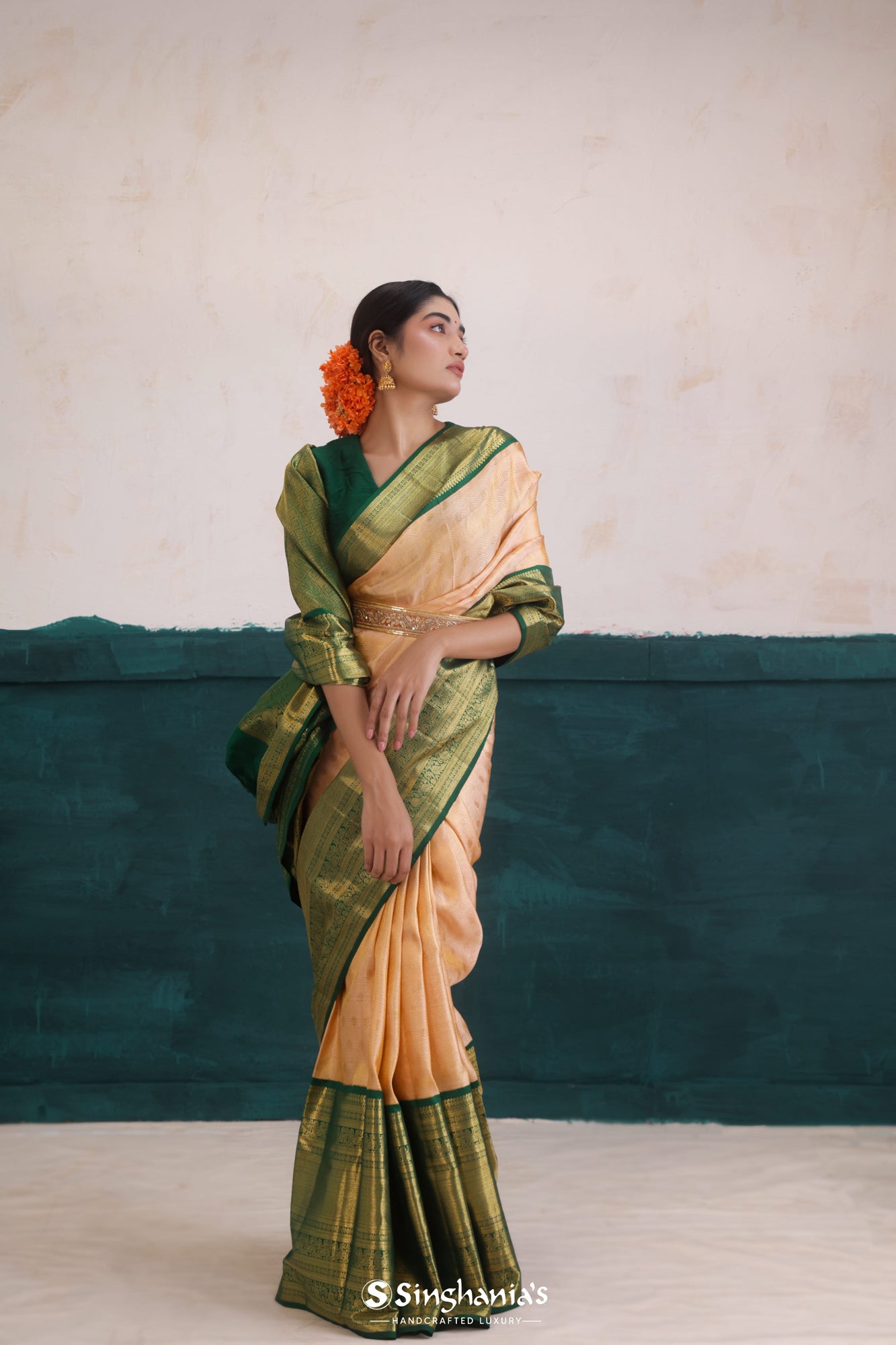 Light Peach Kanjivaram Silk Saree With Chevron Weaving