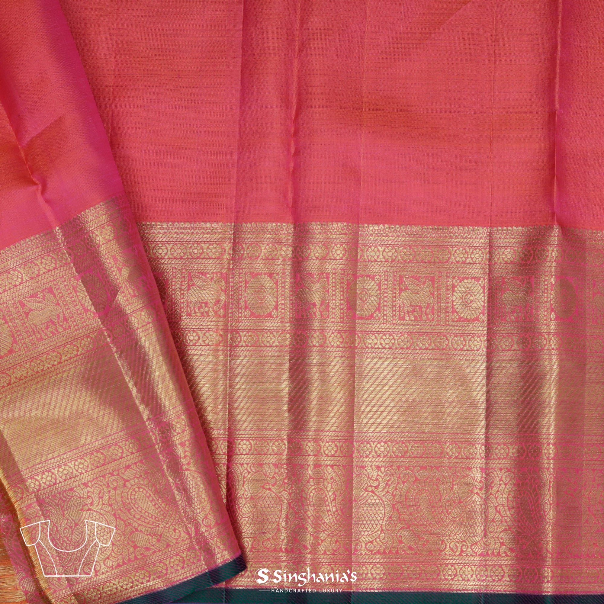 Pink Red Kanjivaram Silk Saree With Floral Weaving