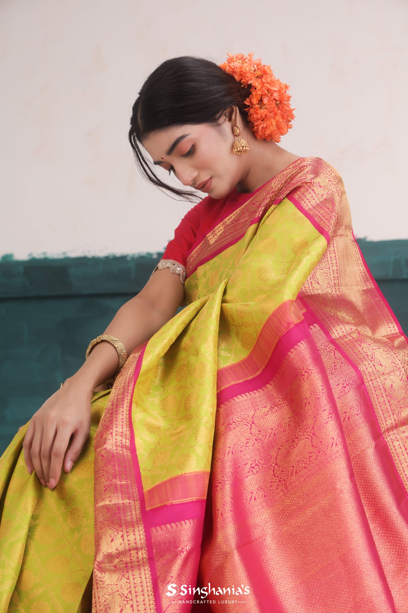 Lime Green Kanjivaram Silk Saree With Floral Jaal Weaving