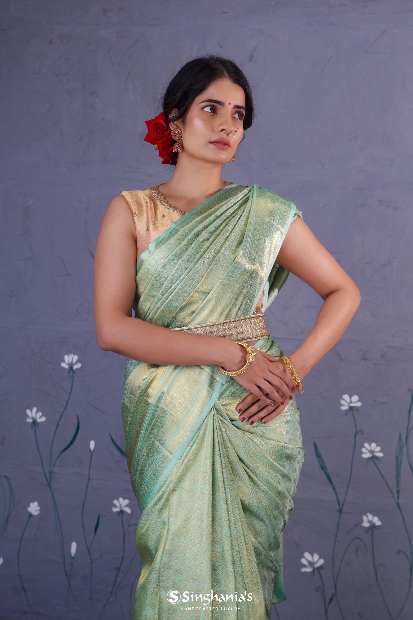 Tiffany Blue Kanjivaram Silk Saree With Floral Stripes Weaving