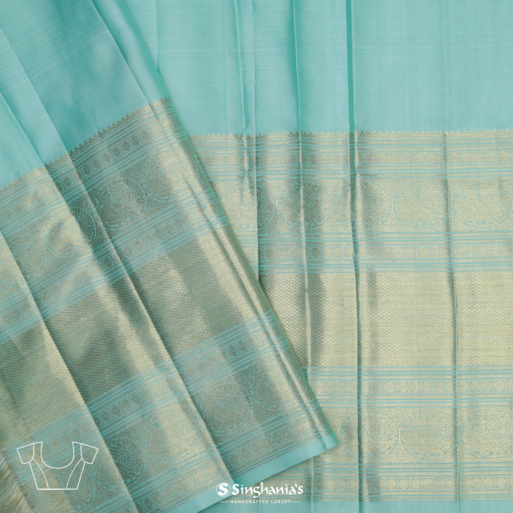Tiffany Blue Kanjivaram Silk Saree With Floral Stripes Weaving