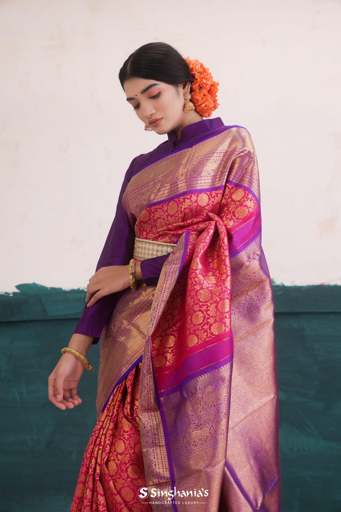 Cherry Pink Kanjivaram Silk Saree With Floral Jaal Weaving