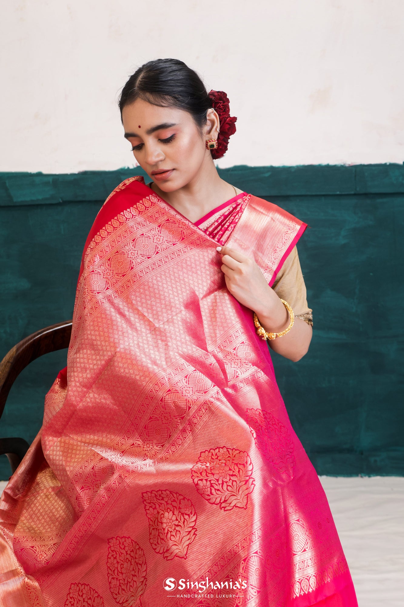 Raspberry Red Kanjivaram Silk Saree With Floral Jaal Weaving