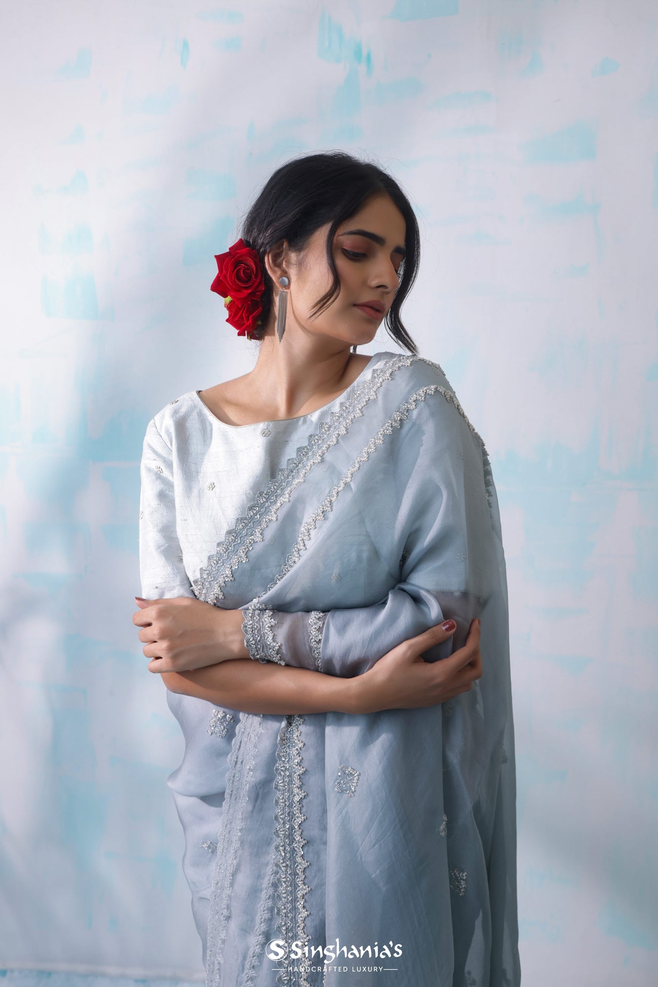 Powder Blue Organza Saree With Hand Embroidery