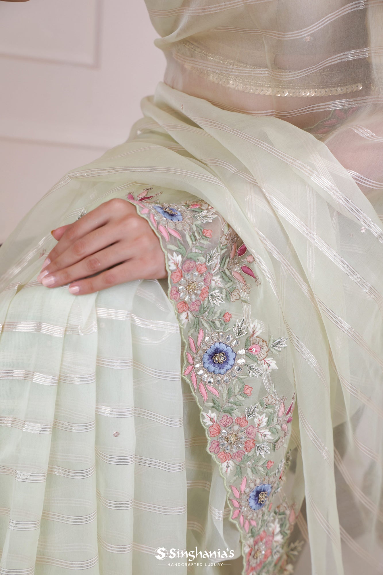 Winter Mint Organza Saree With Hand Embroidery