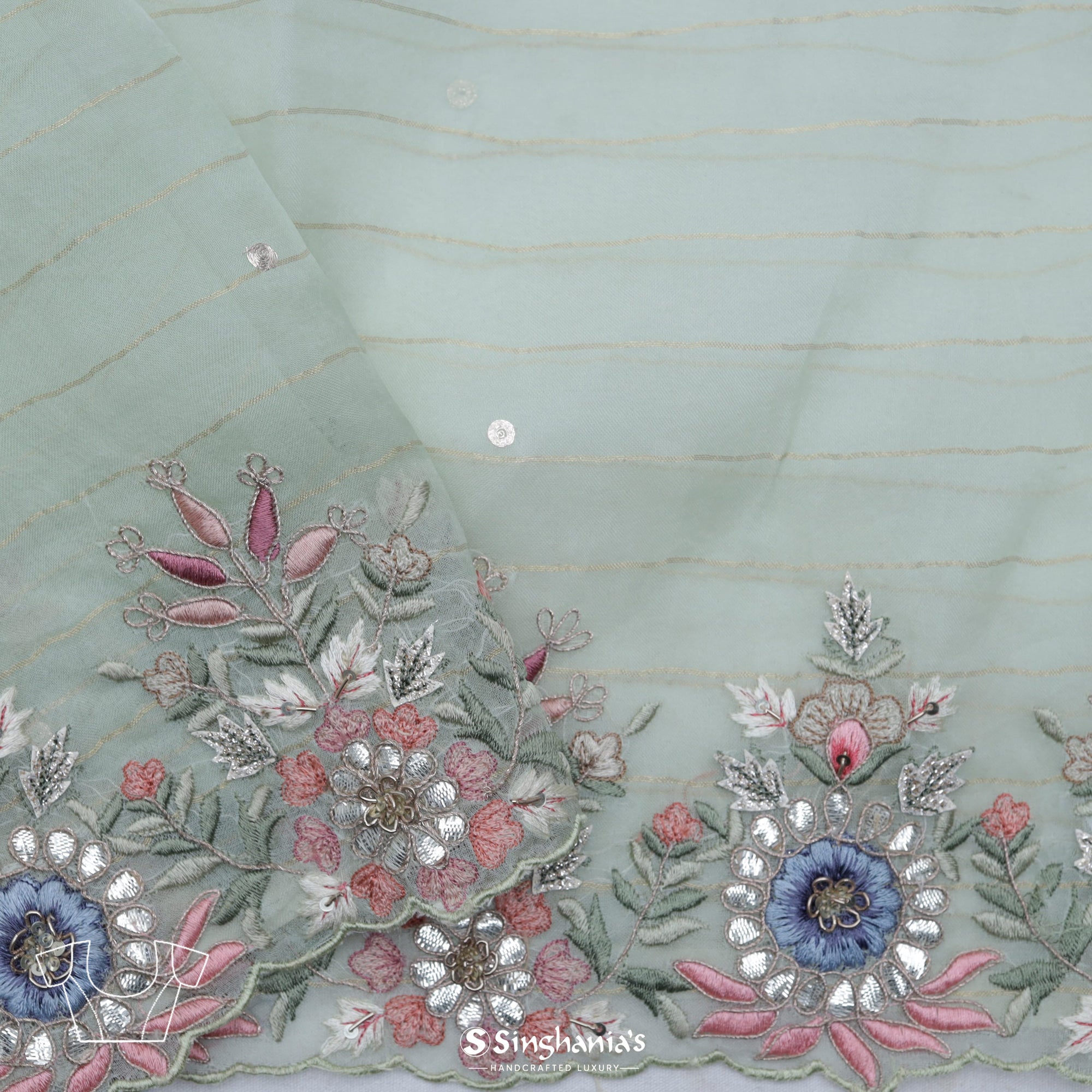 Winter Mint Organza Saree With Hand Embroidery