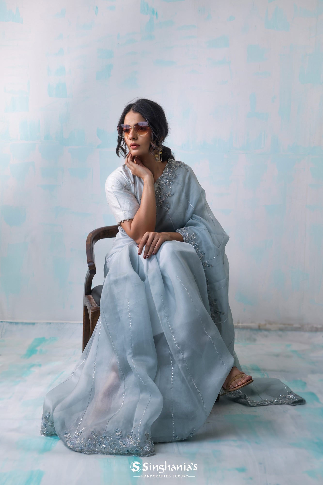 Arctic Blue Organza Saree With Hand Embroidery