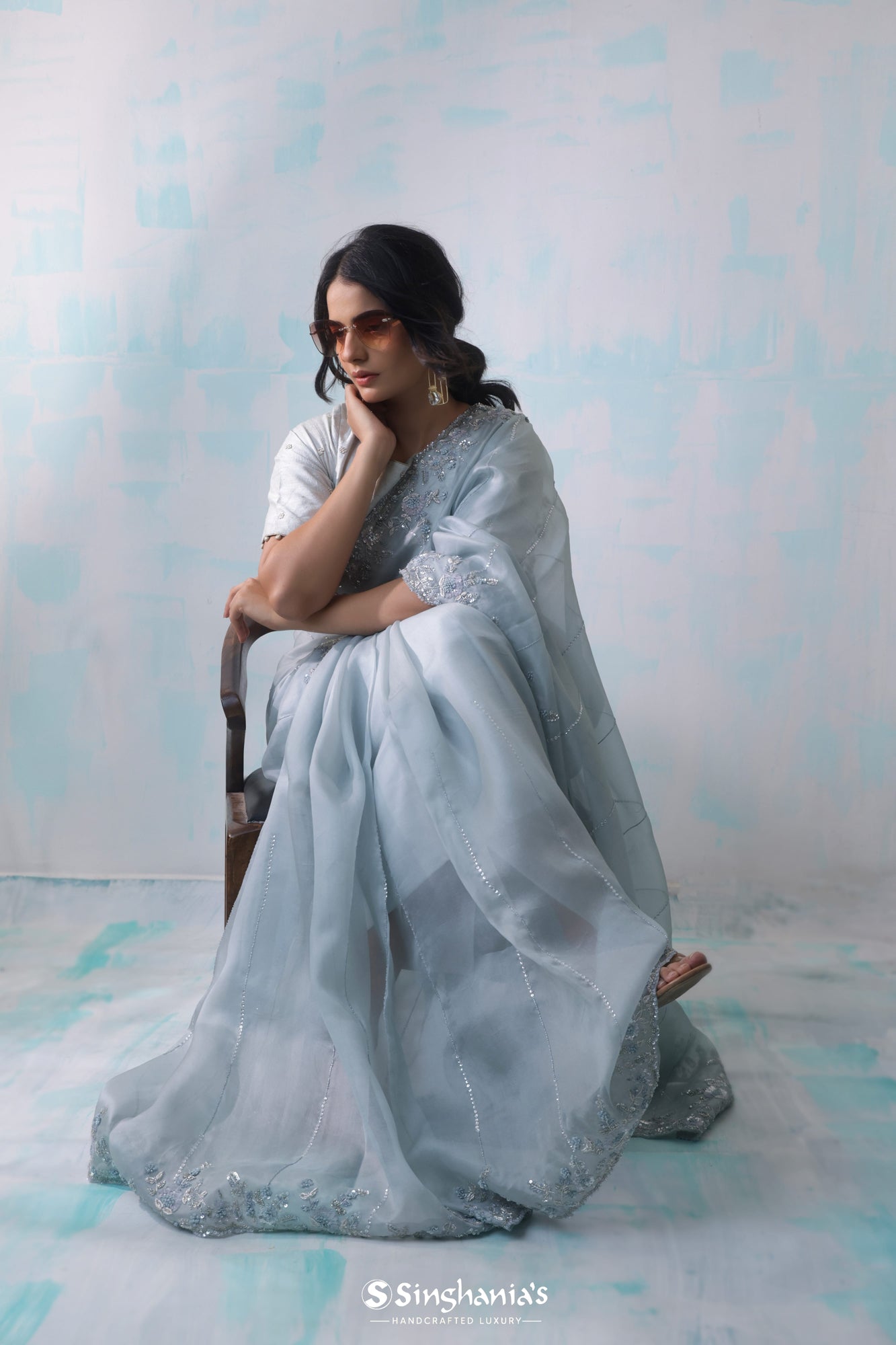 Arctic Blue Organza Saree With Hand Embroidery