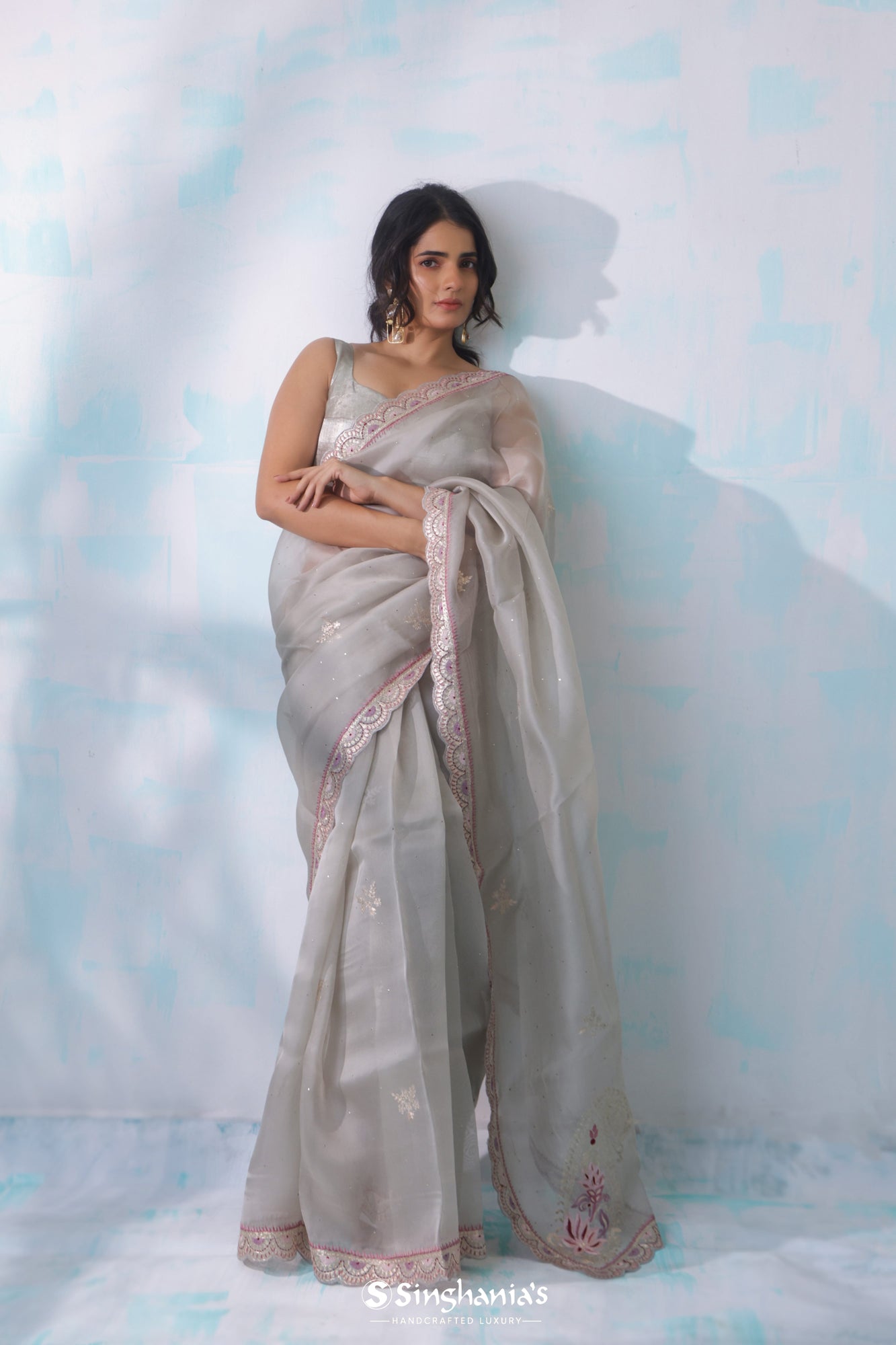 Light Gray Organza Saree With Hand Embroidery