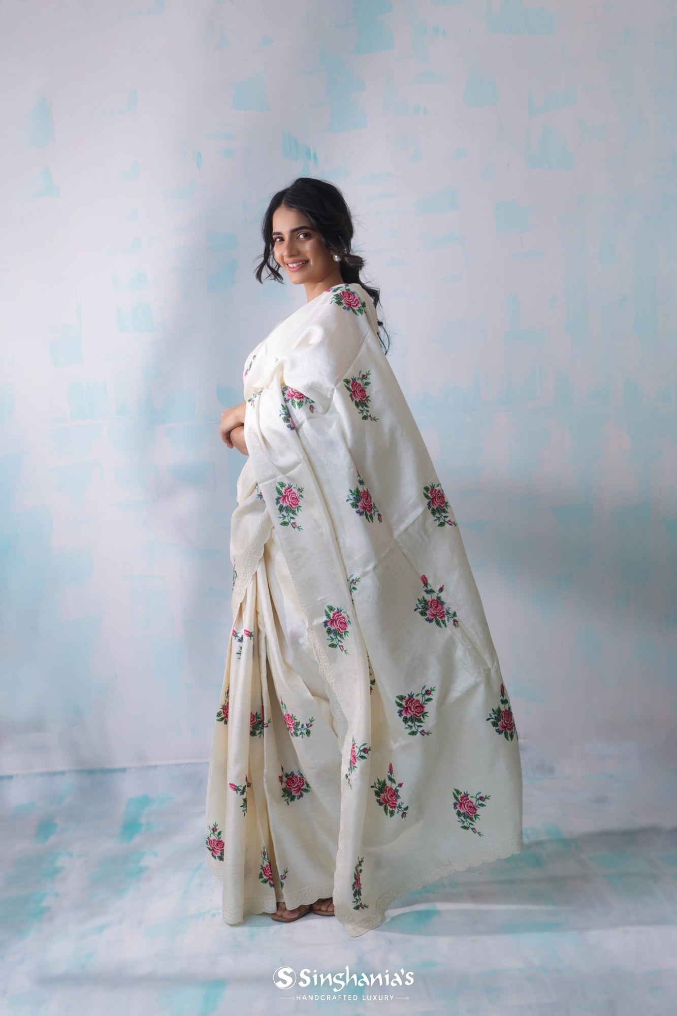 Cream White Tussar Saree With Floral Embroidery