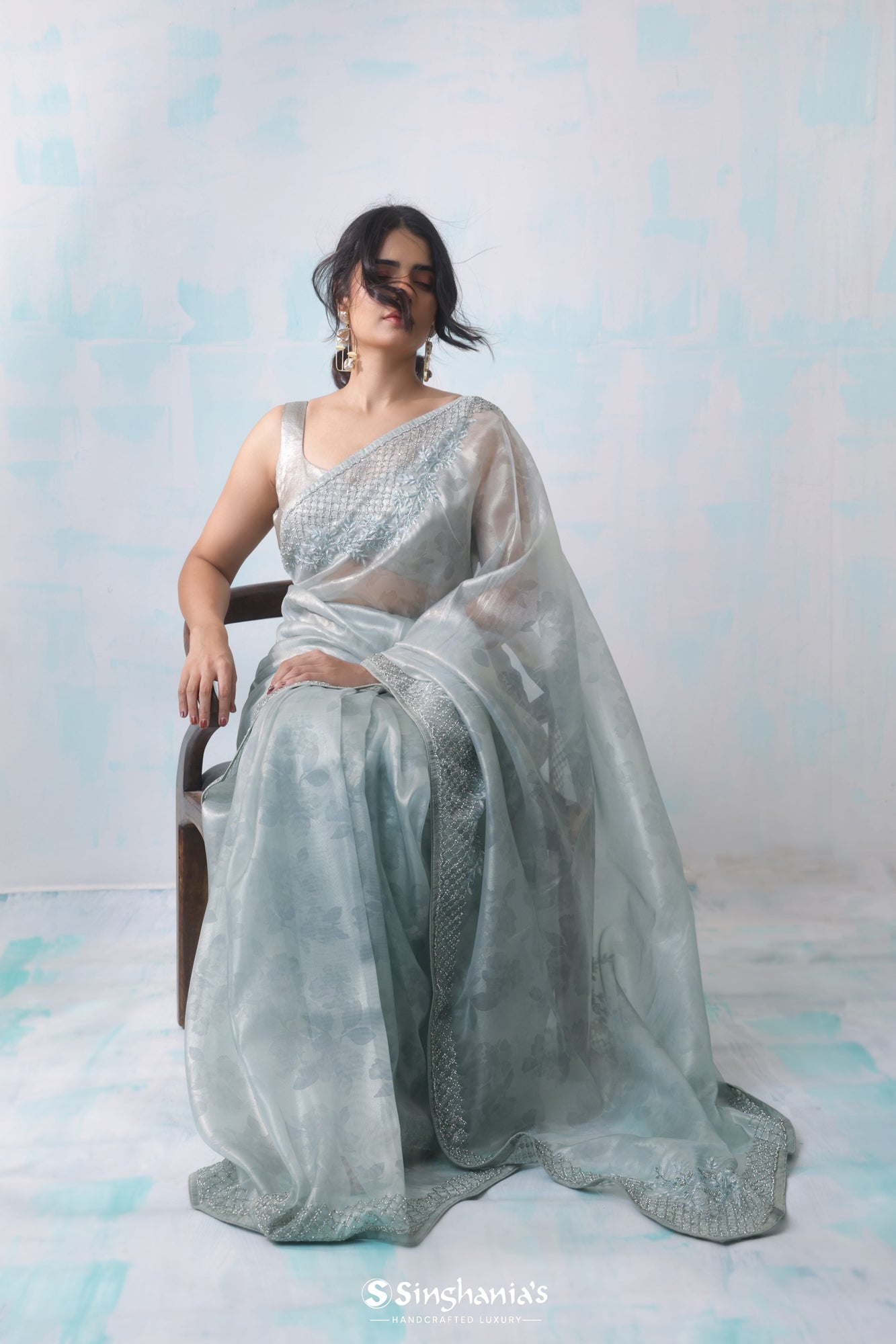 Marian Blue Tissue Printed Saree With Floral Embroidery