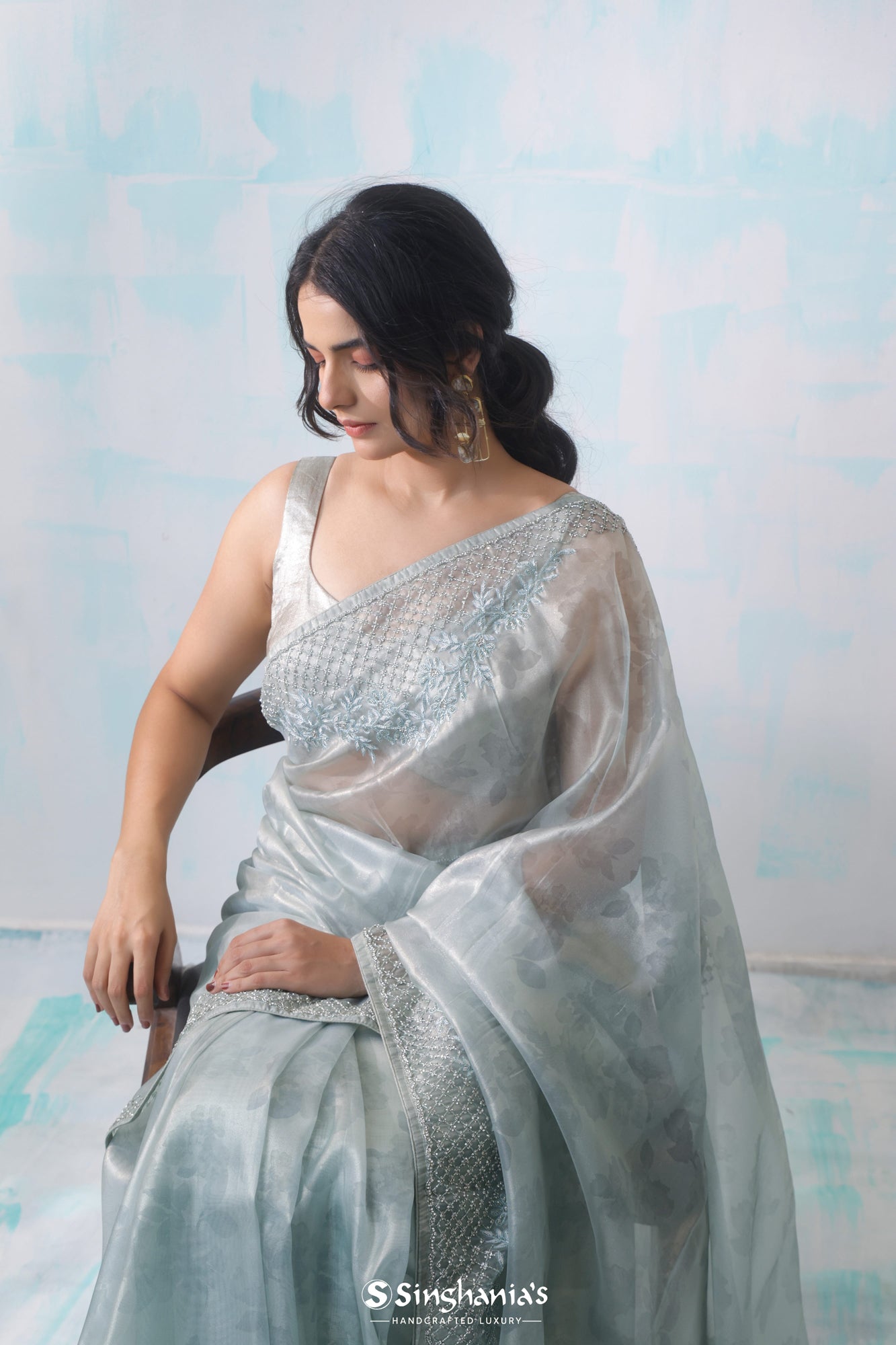 Marian Blue Tissue Printed Saree With Floral Embroidery