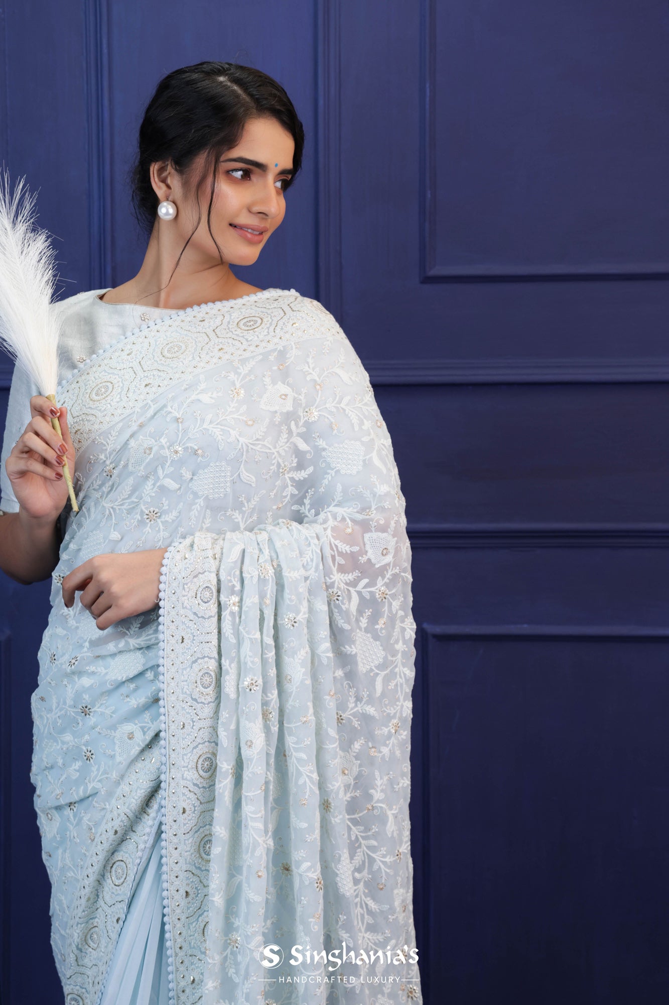 Arctic Blue Georgette Saree With Lucknowi Embroidery