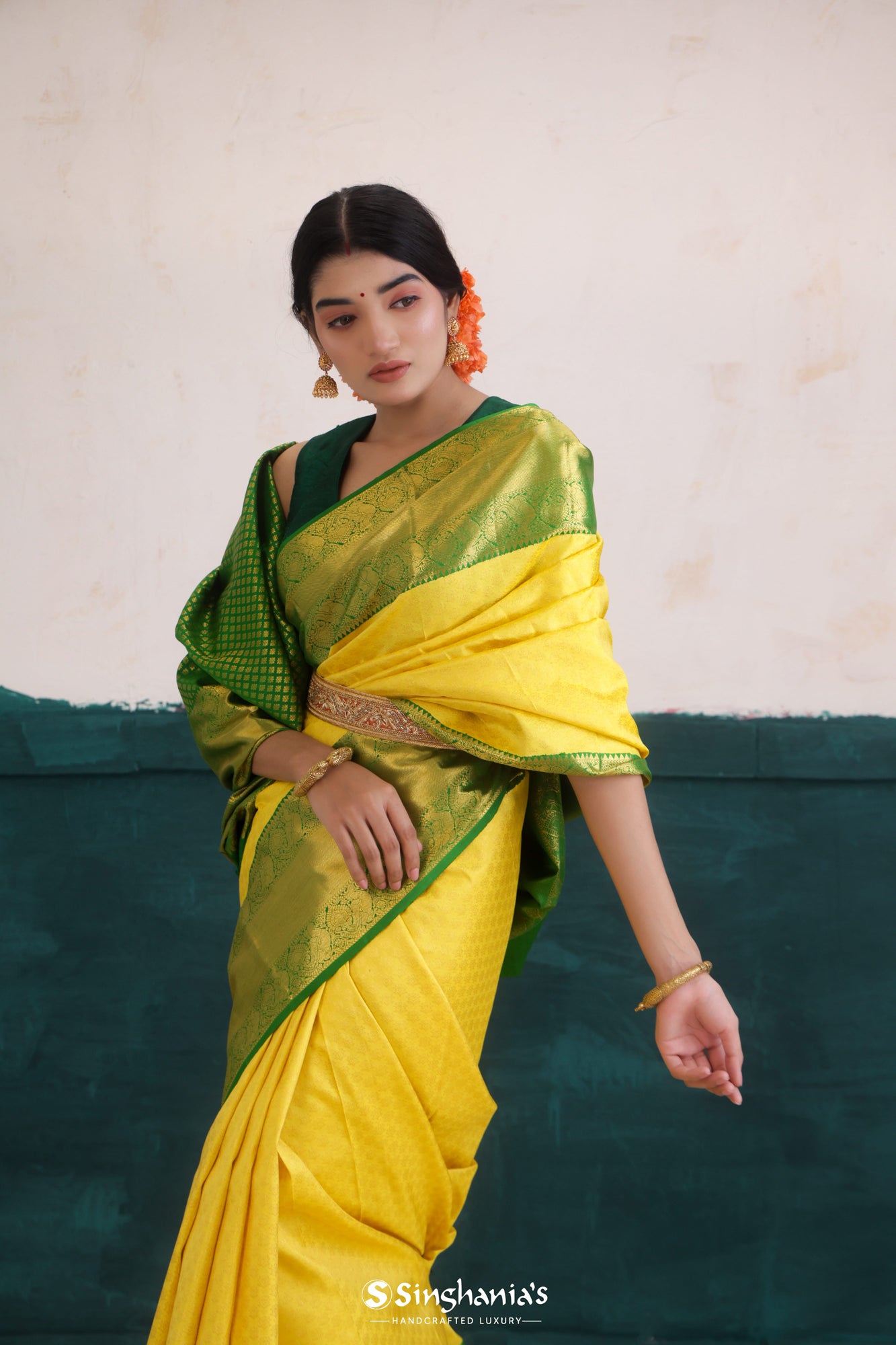 Citrine Yellow Kanjivaram Silk Saree With Floral Buttis Weaving