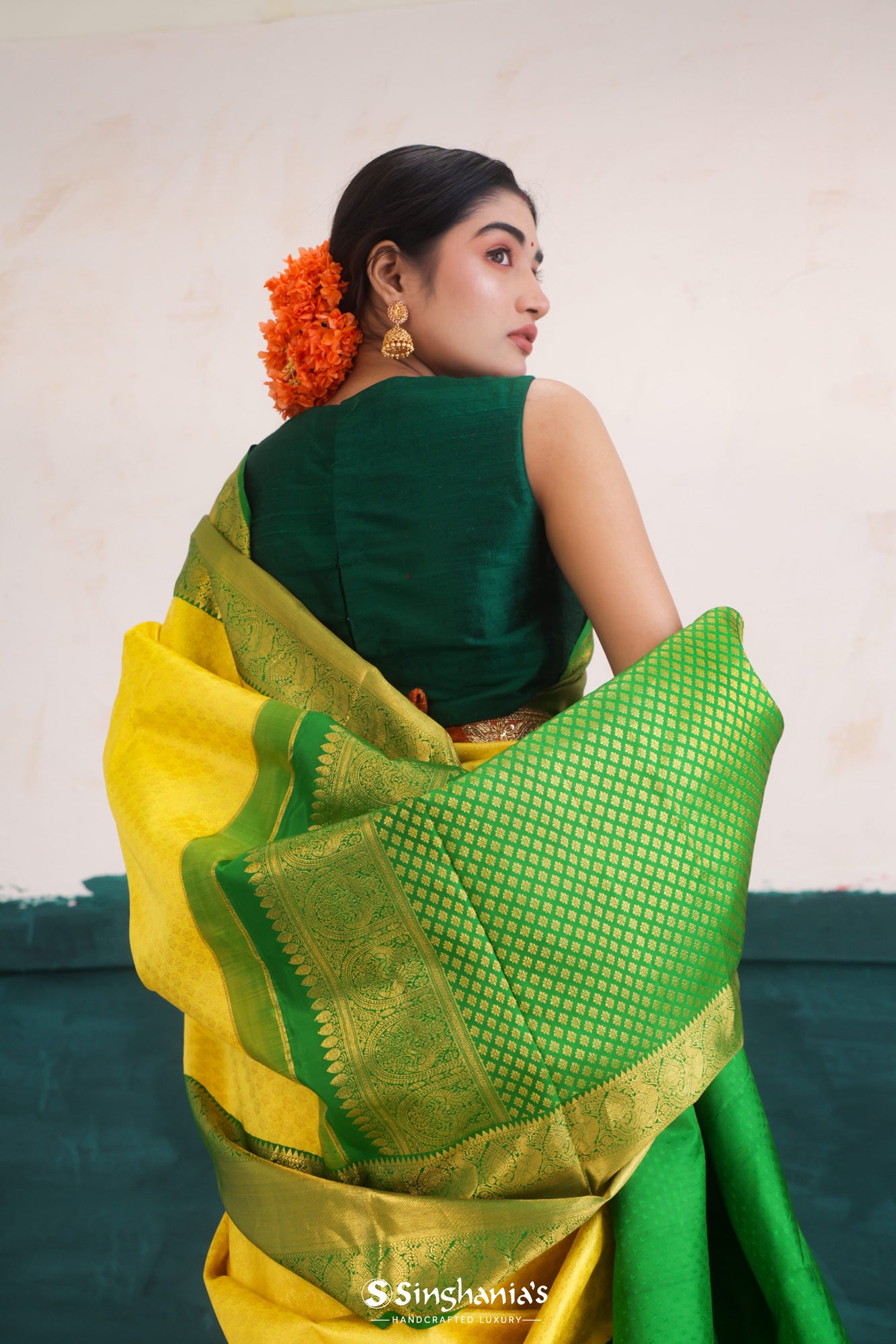 Citrine Yellow Kanjivaram Silk Saree With Floral Buttis Weaving