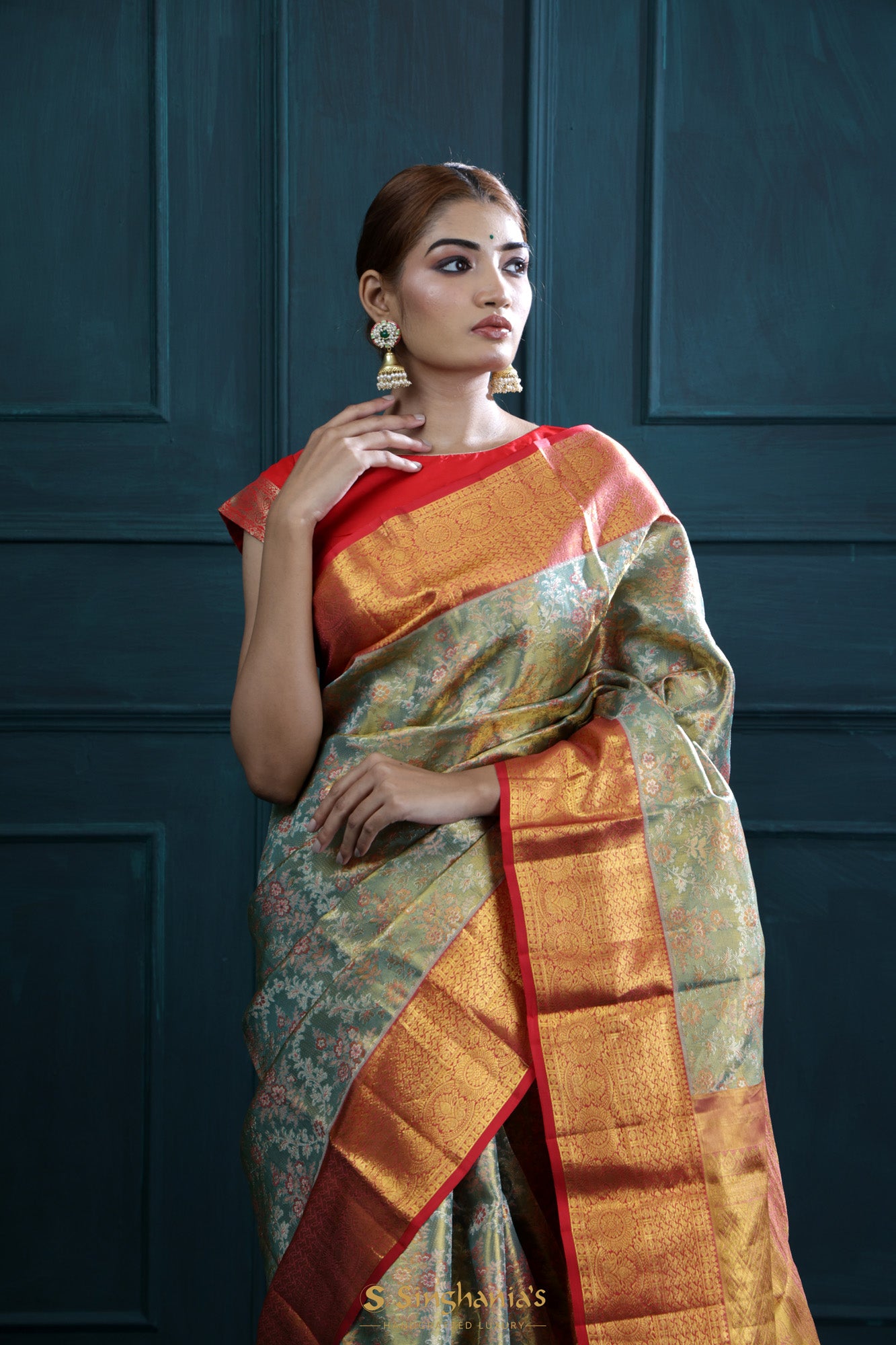 Viridian Green Tissue Kanjivaram Saree With Floral Jaal Weaving