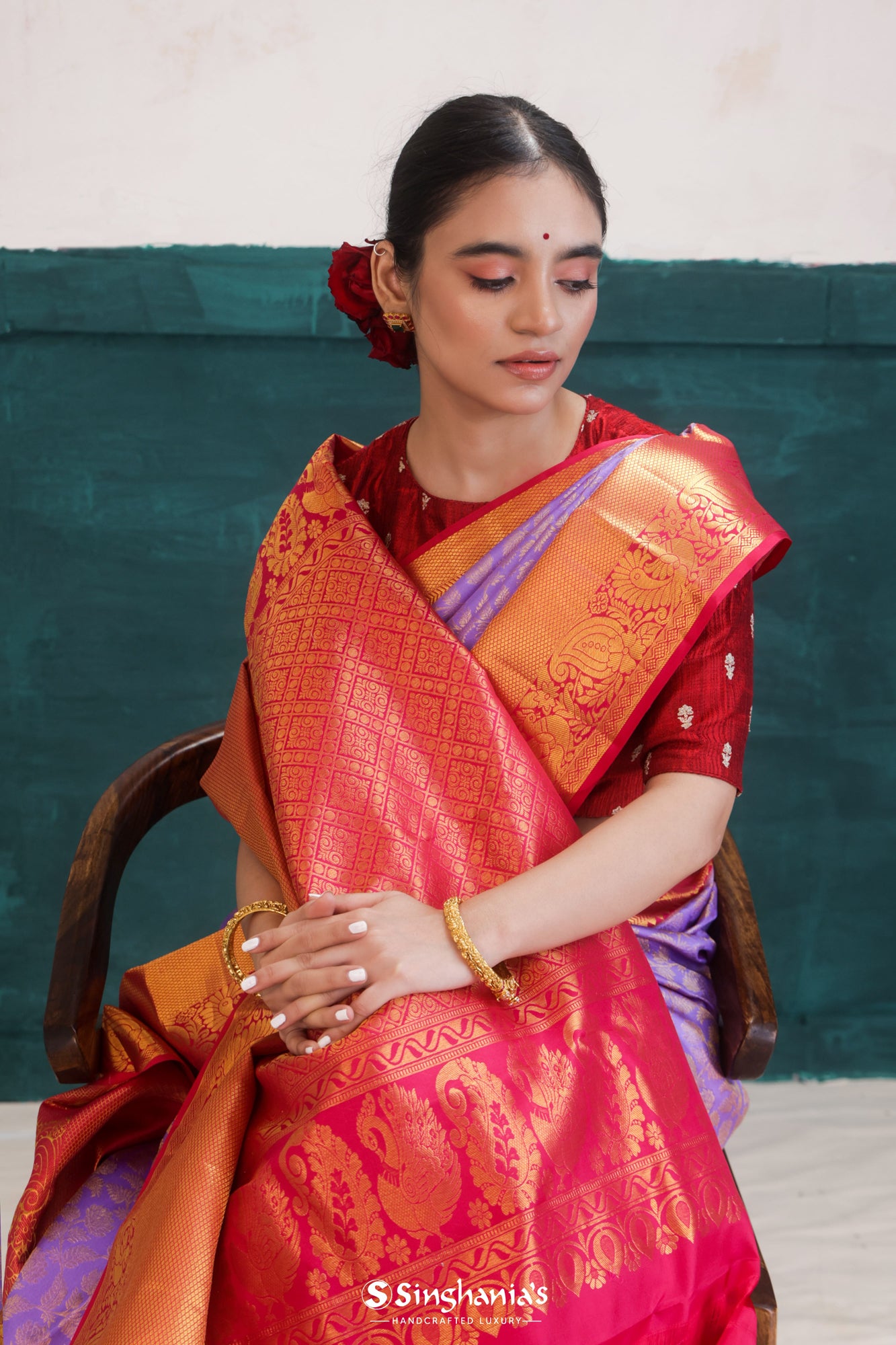 Lilac Kanjivaram Silk Saree With Floral Jaal Weaving