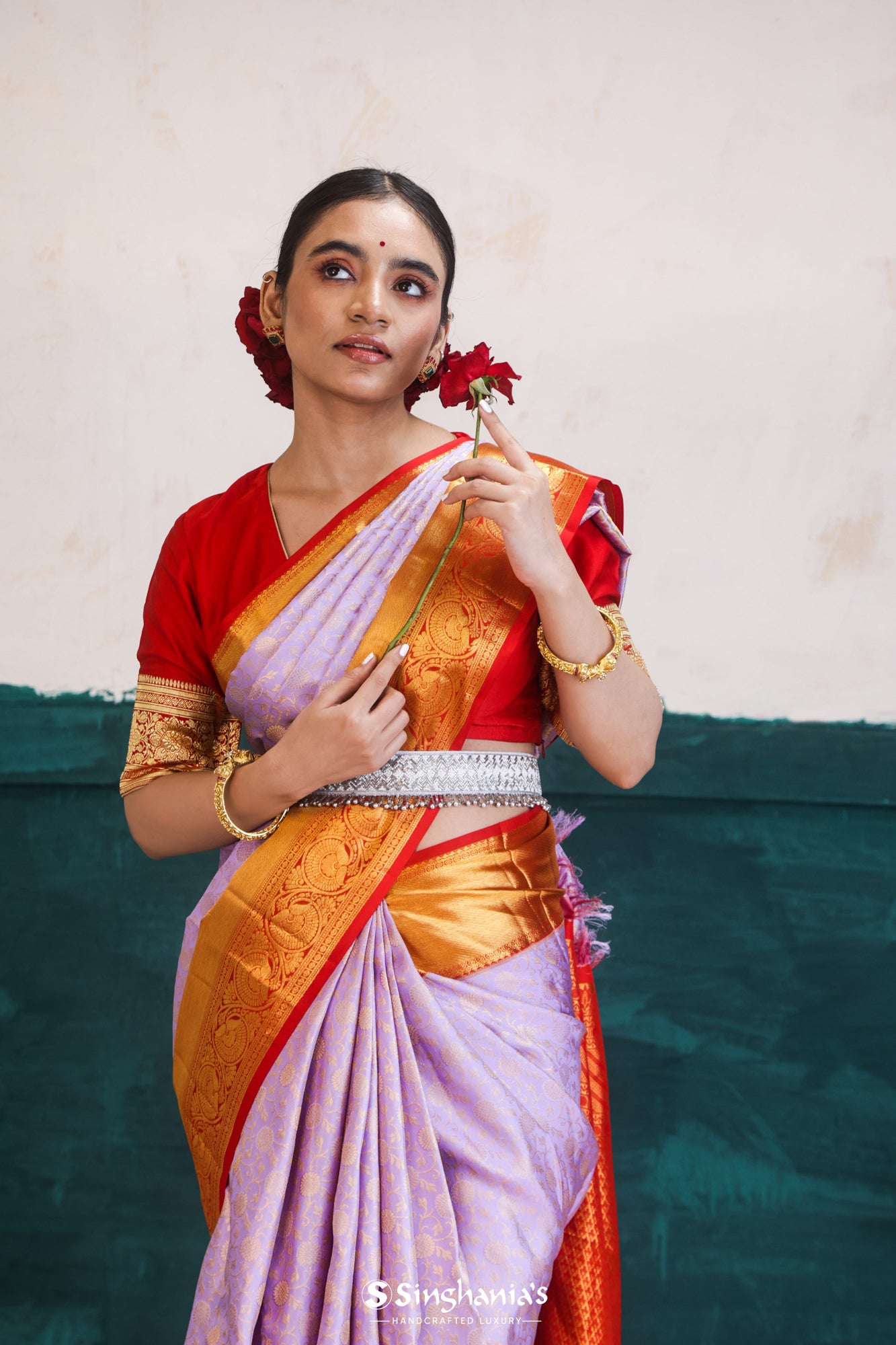 Lavender Indigo Kanjivaram Silk Saree With Floral Jaal Pattern