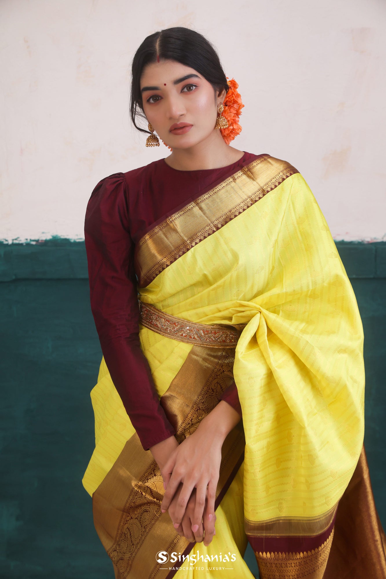 Yellow Green Kanjivaram Silk Saree With Floral Stripes Weaving
